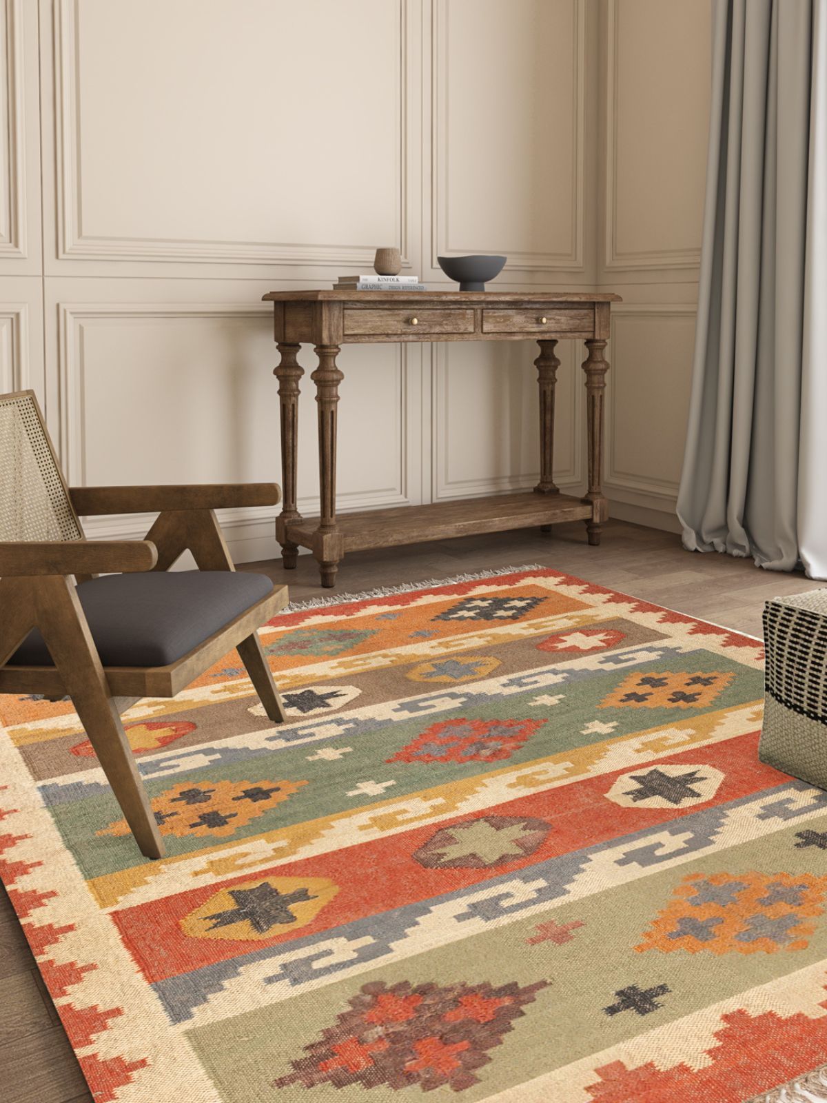 Autumn whisper Kilim Rug cotton rug styled in a living room interior