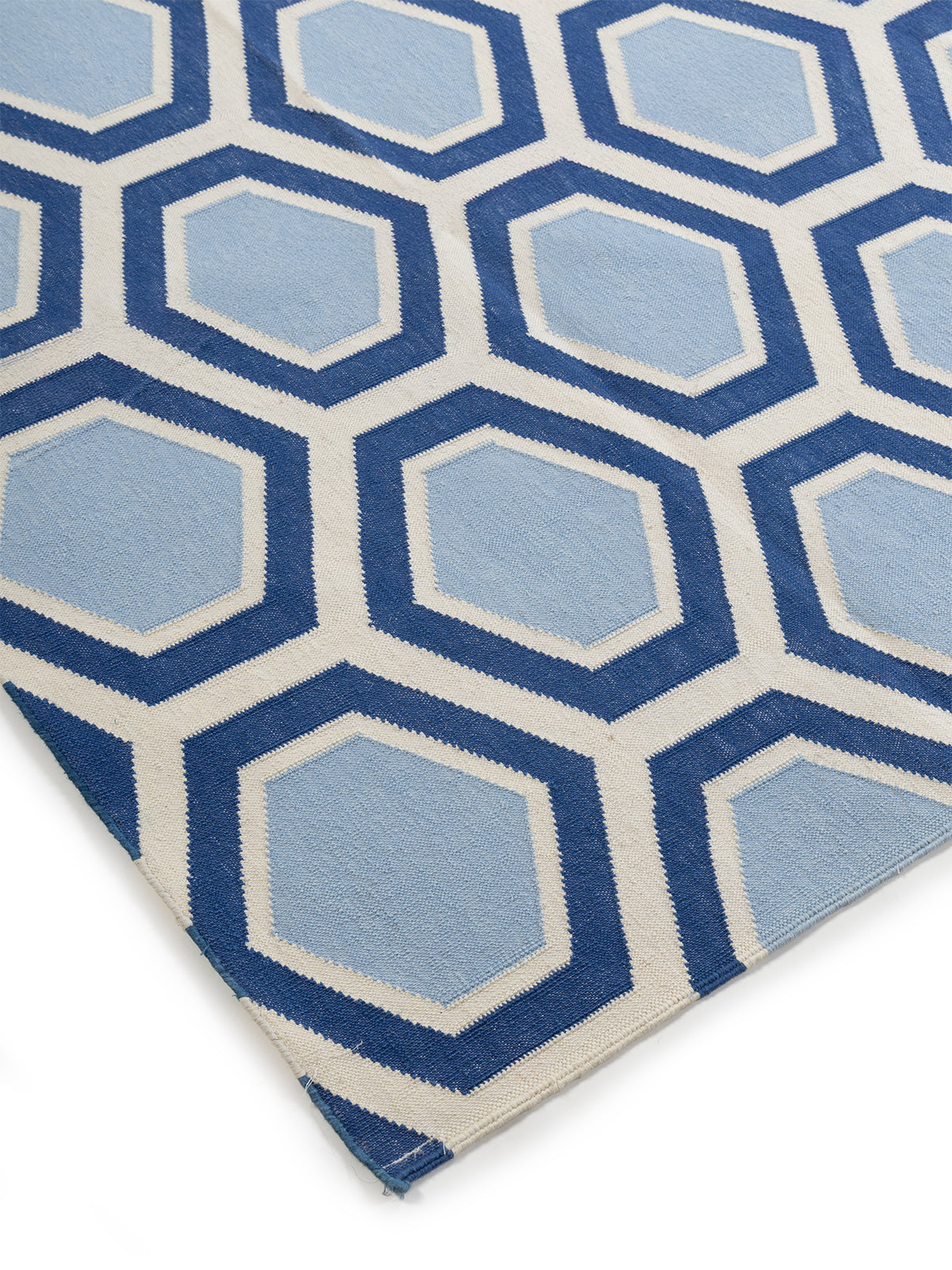 Azure Hive Flatweave Rug close-up showing the cotton weave and geometric motif