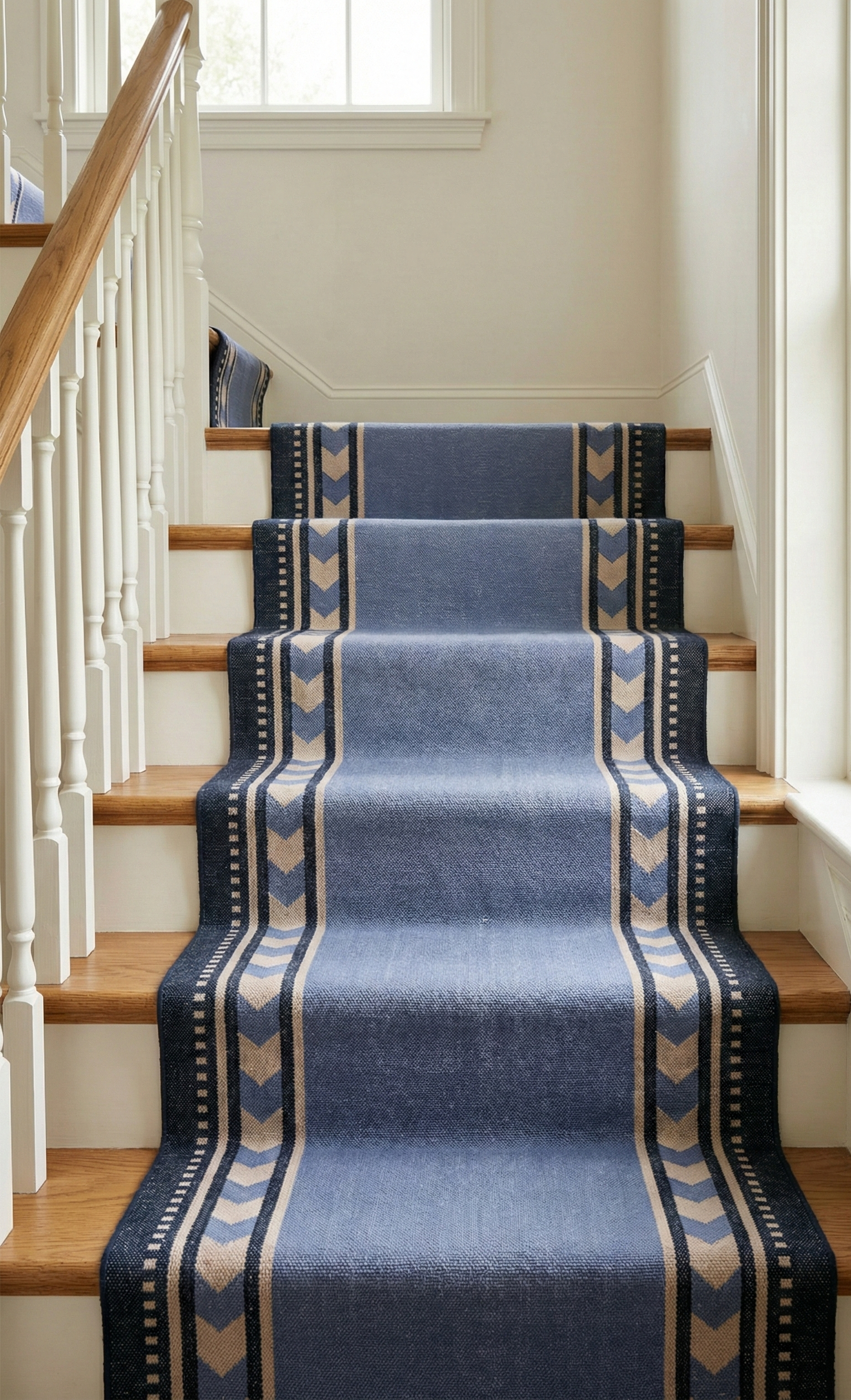 Sage Moor Runner cotton stair runner styled on a staircase in a designed interior