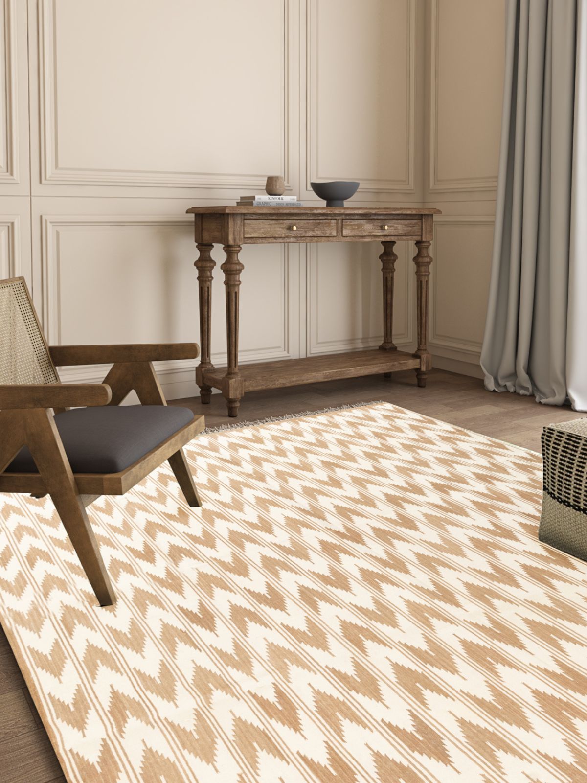 Beige Mist Ikat Dreams Rug cotton rug styled in a living room interior