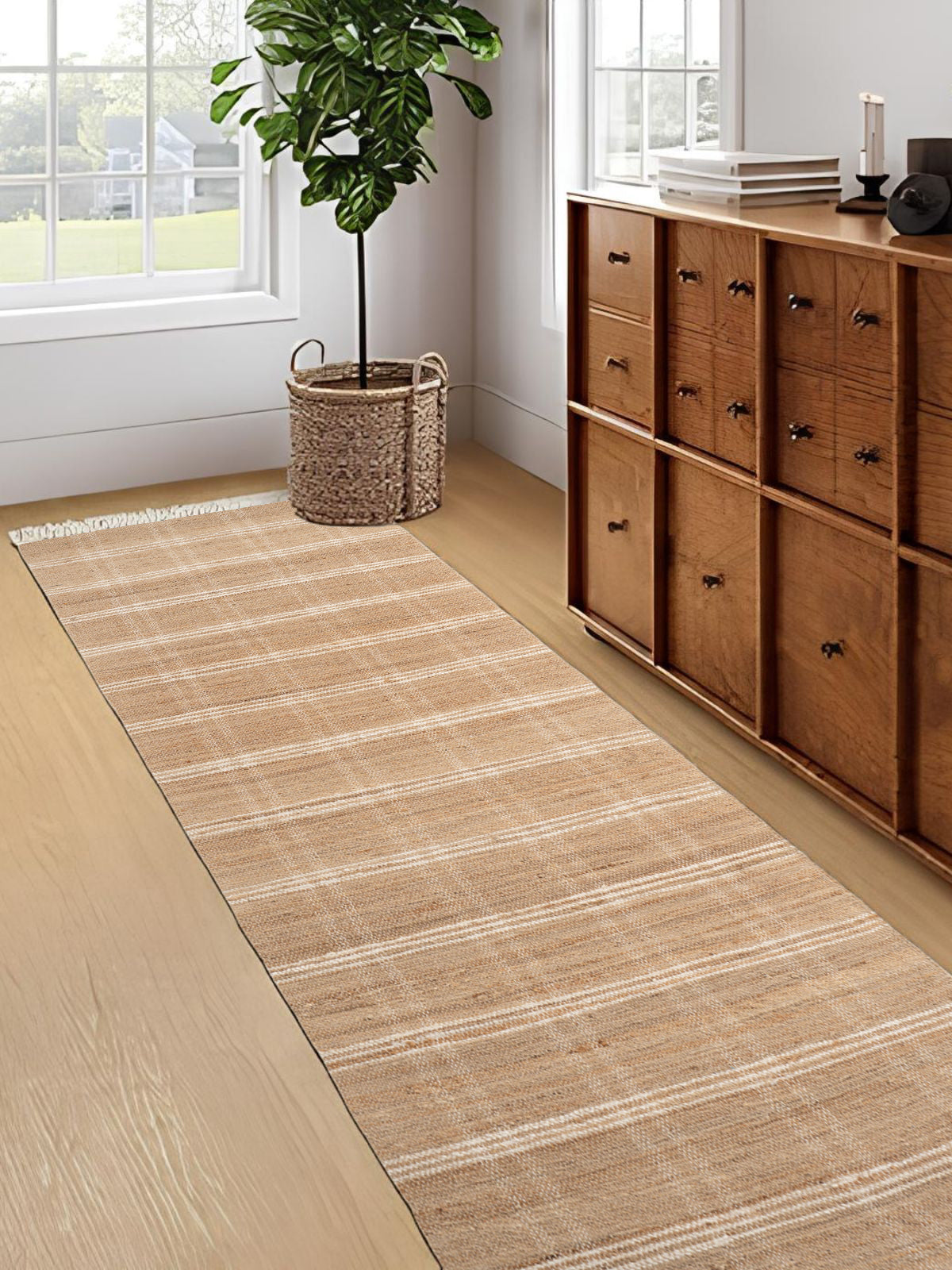 Benin Striped Hemp Runner hemp stair runner styled on a staircase in a designed interior
