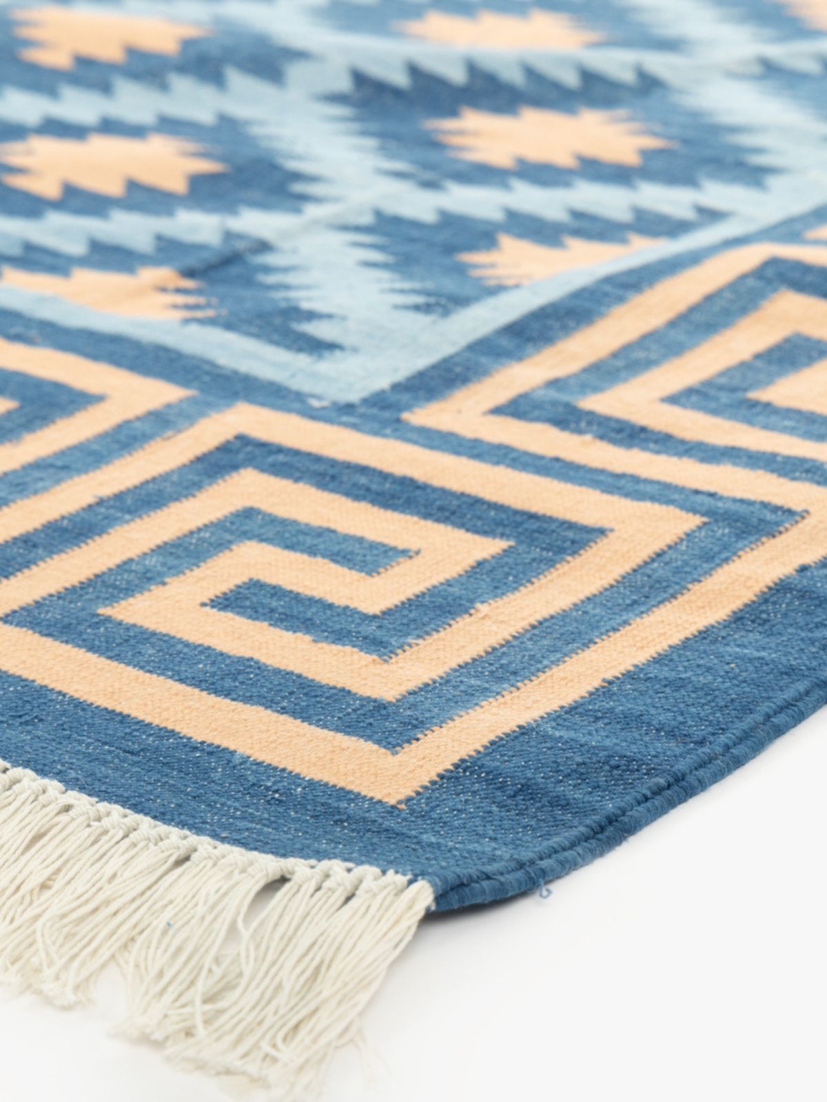 Blue Hellenic Flatweave Rug close-up showing the cotton weave and striped pattern