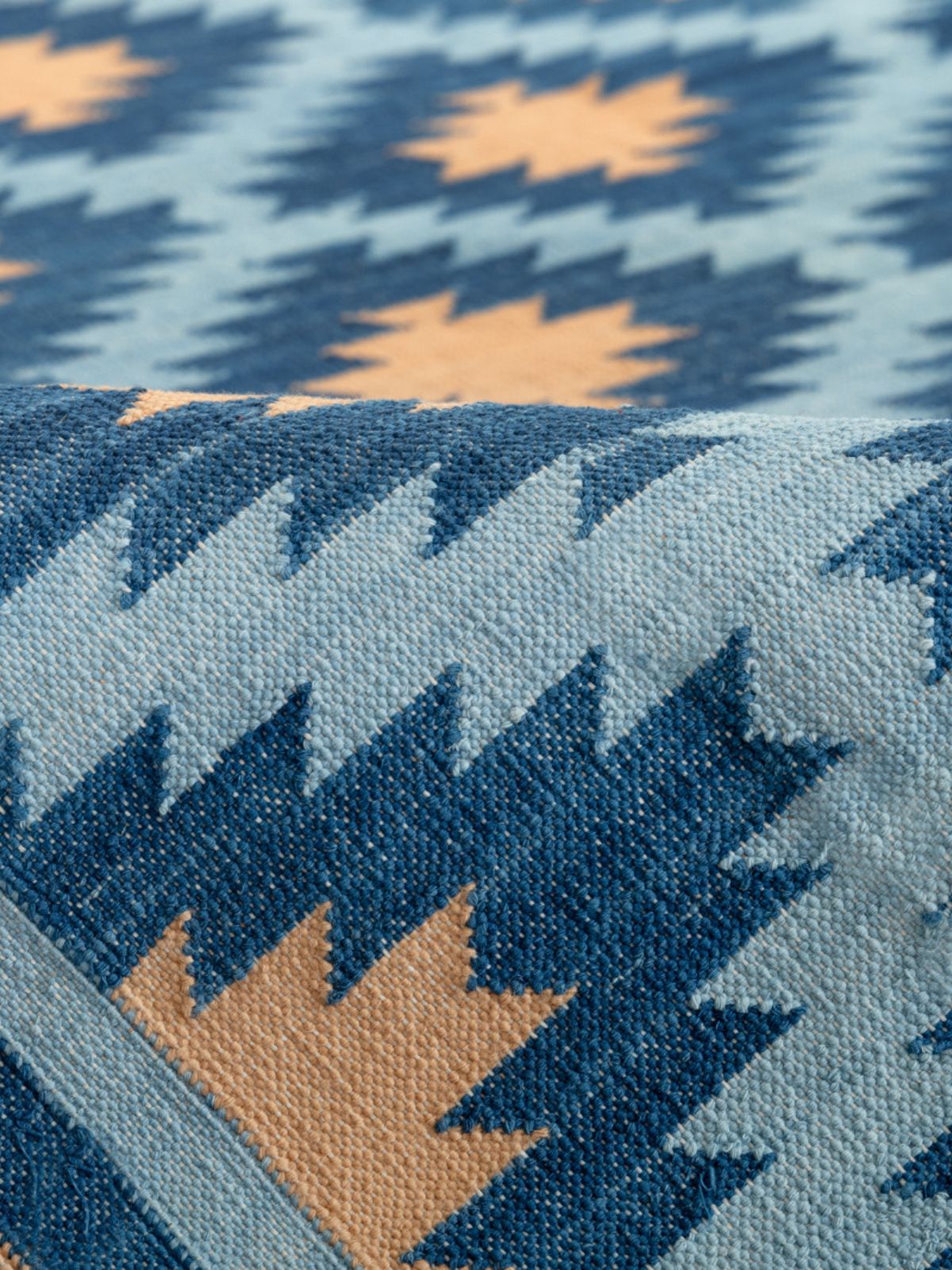 Blue Hellenic Flatweave Rug detail of the striped cotton surface and edge finishing