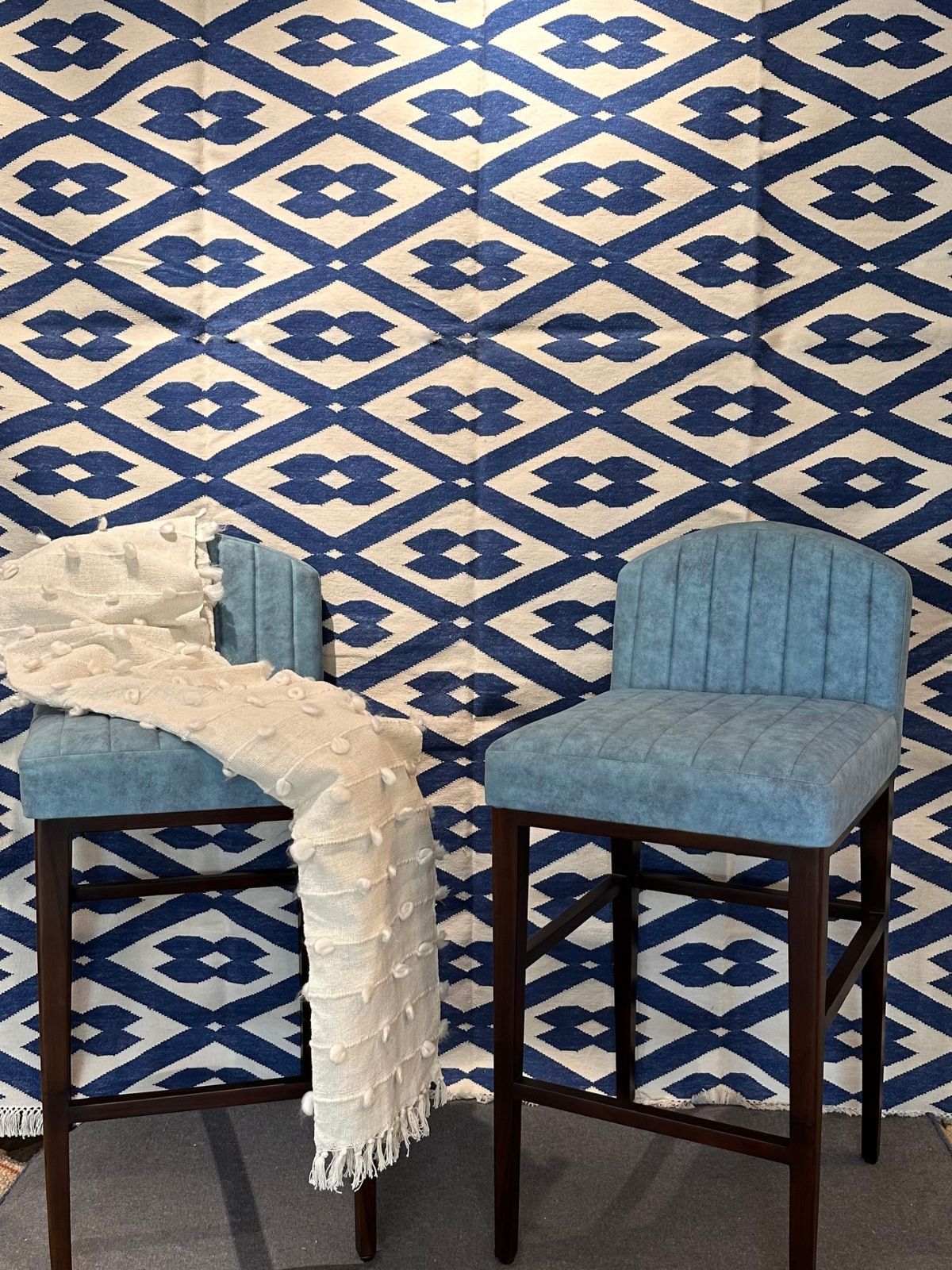 Blue indigo geometric rug cotton rug in blue tones