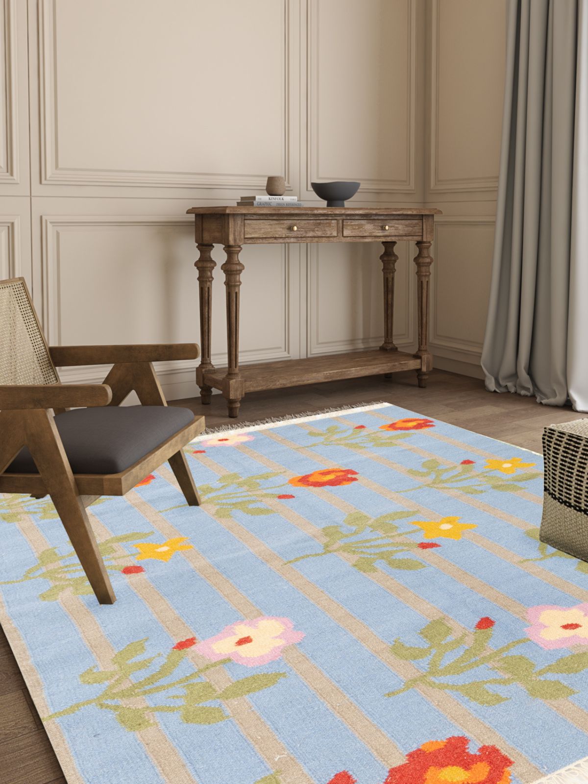 Bluebell Vine Flatweave Rug cotton rug styled in a living room interior