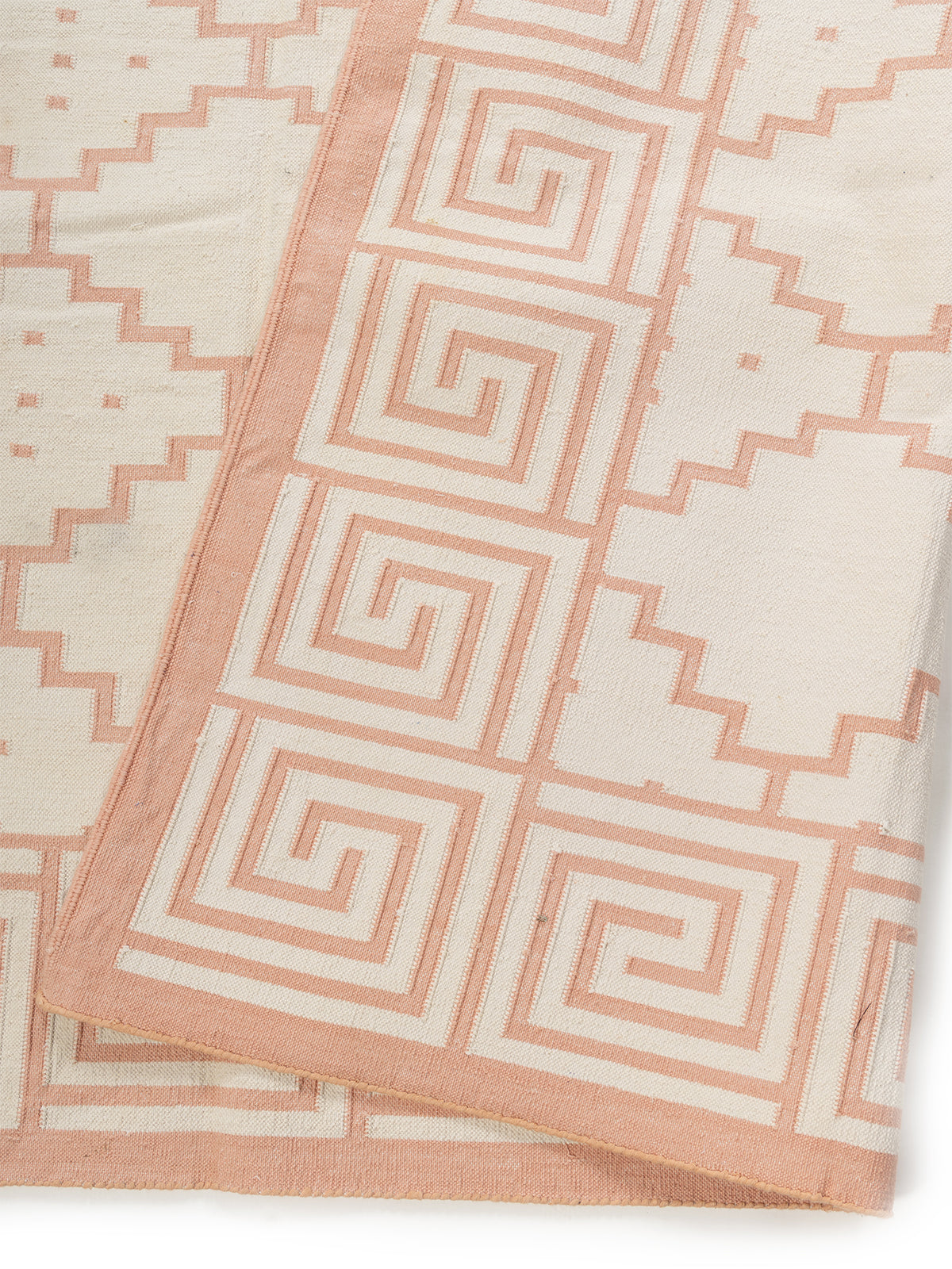 Blush Maze Dhurrie Rug detail of the geometric pattern in cotton