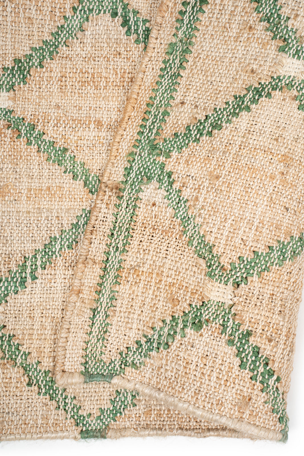 Cairo Artisanal Jute-Cotton Runner-Green detail showing edge binding and cotton-jute finishing of the runner