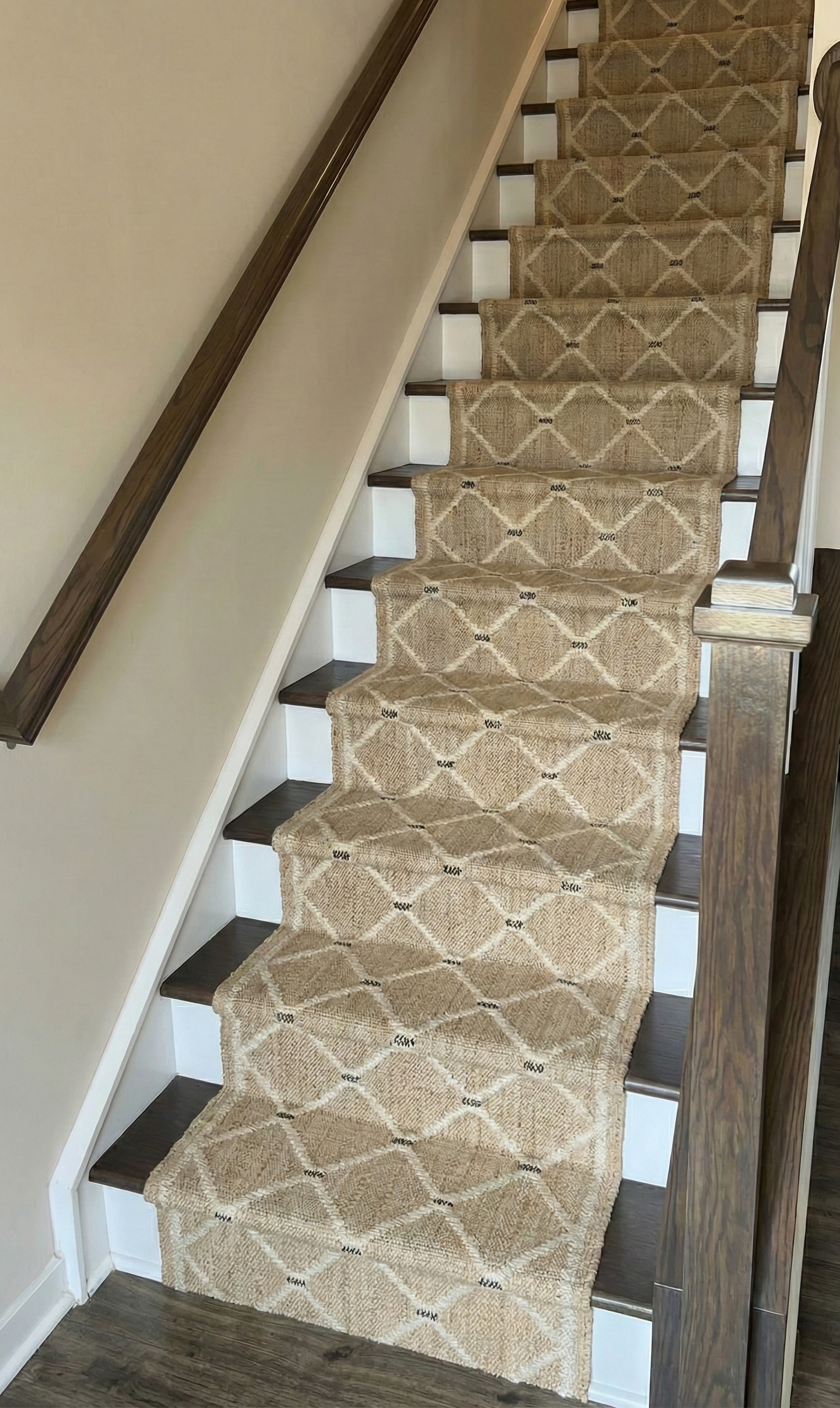Cairo Artisanal Jute-Cotton Runner cotton-jute stair runner styled on a staircase in a designed interior