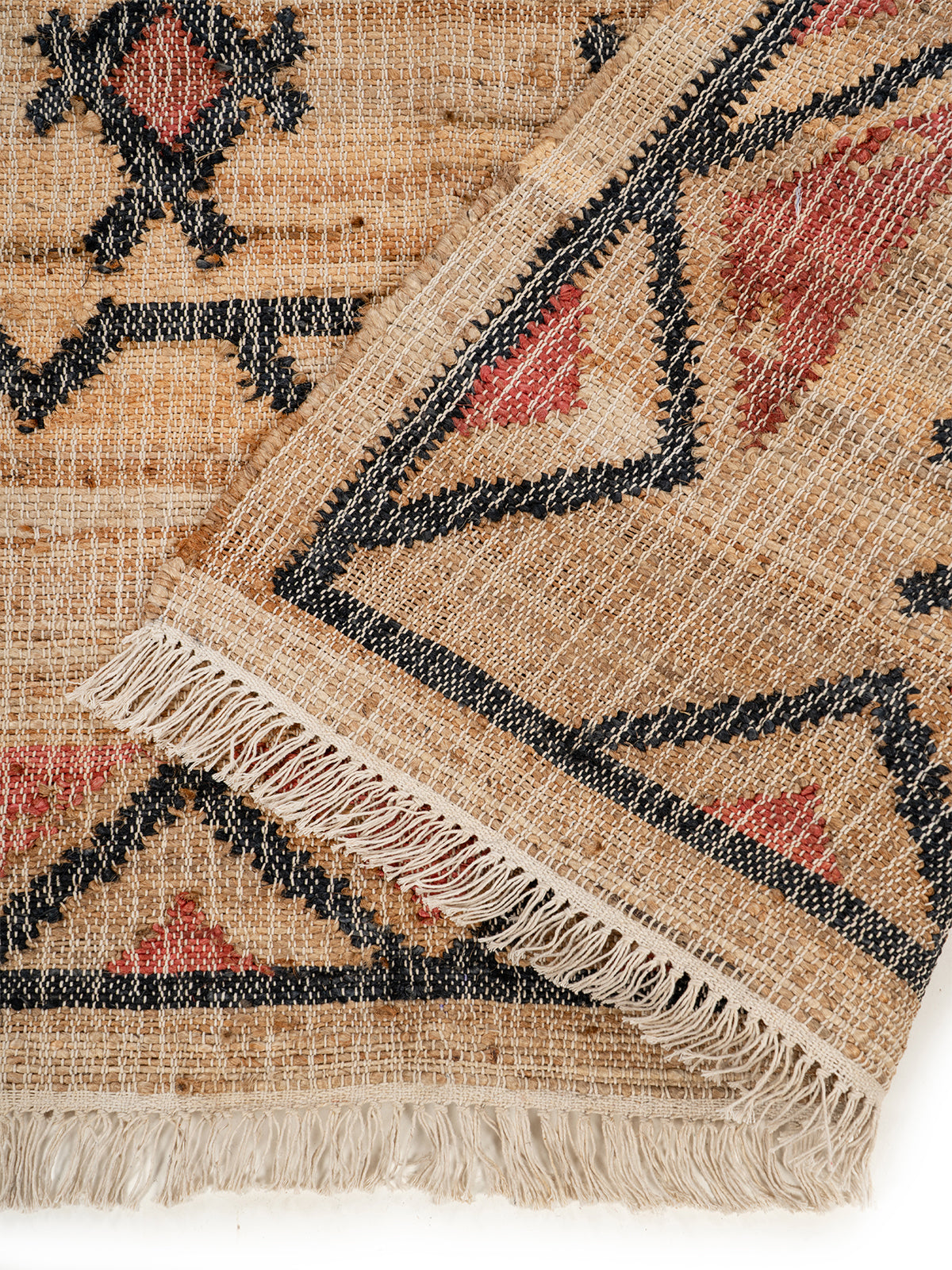 Charcoal Geometric Jute Rug detail of the geometric pattern in jute