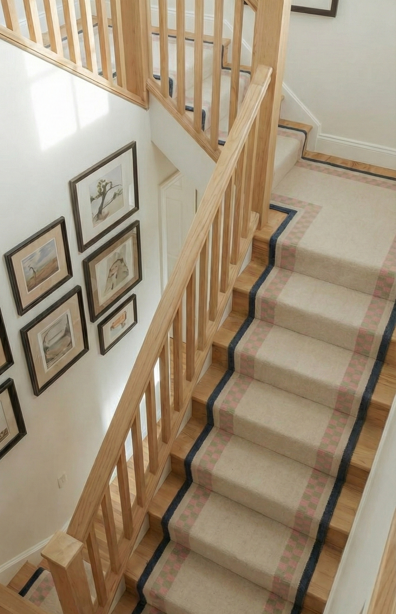 Checkerboard Stream Runner-Beige cotton stair runner styled on a staircase in a designed interior