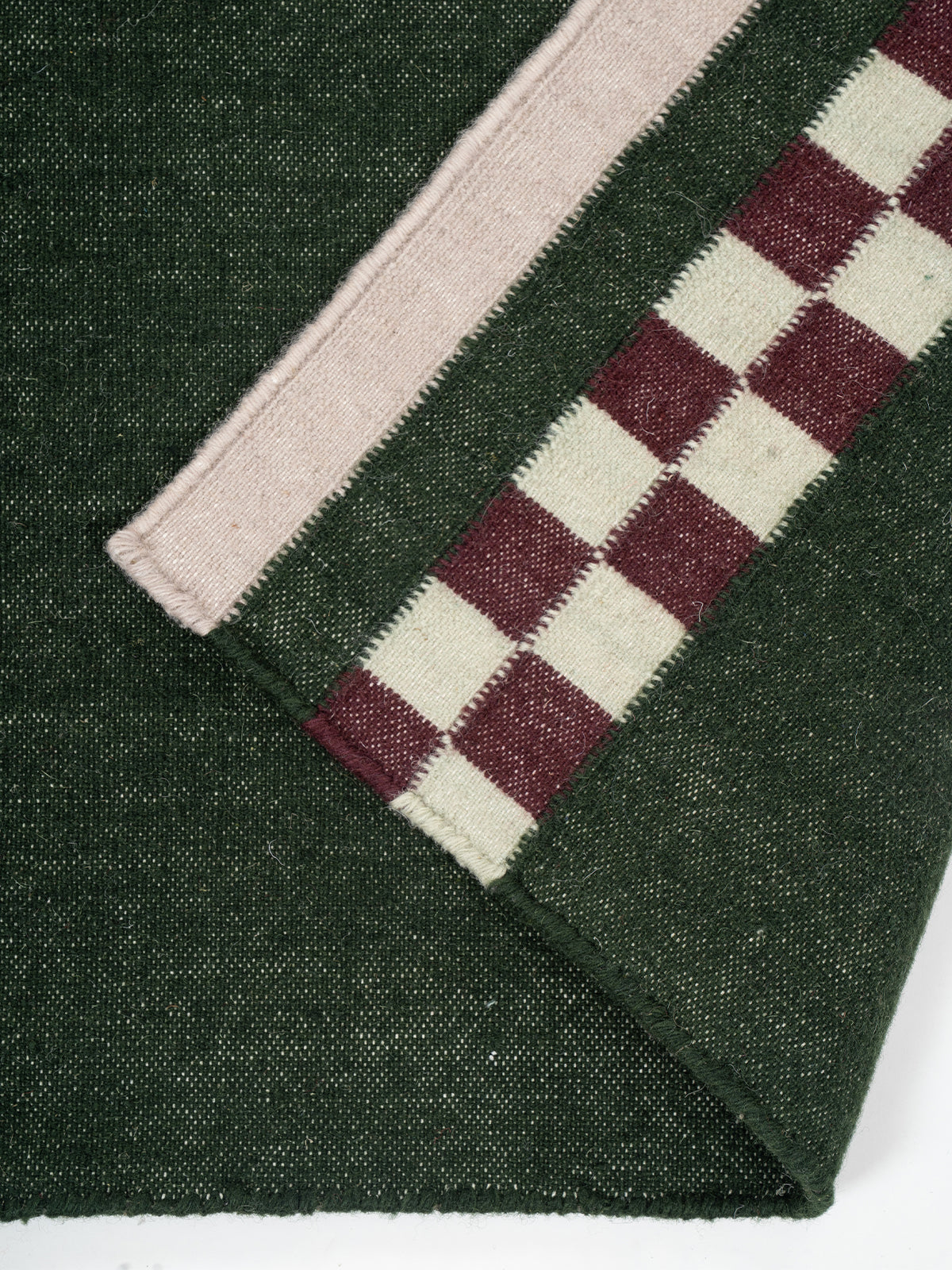 Checkerboard Stream Runner-Sage detail showing edge binding and cotton finishing of the runner