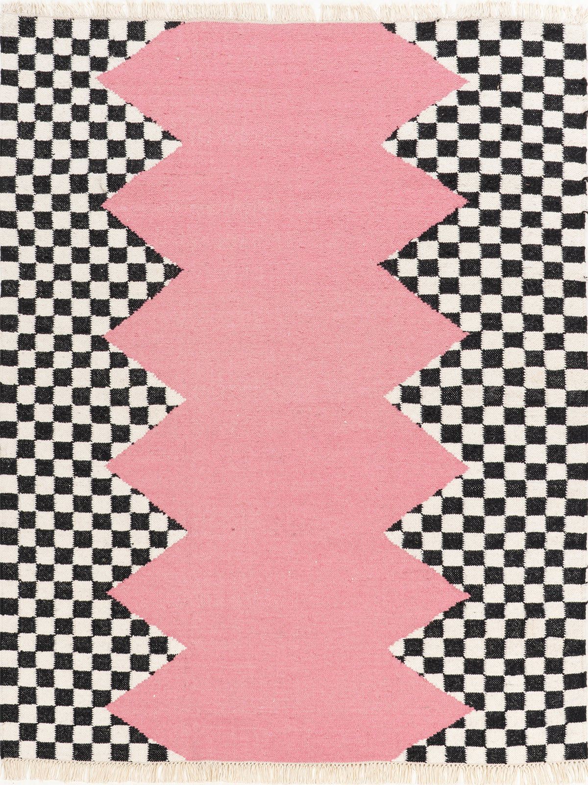 Checkerboard Zigzag Flatweave wool rug in multicoloured tones