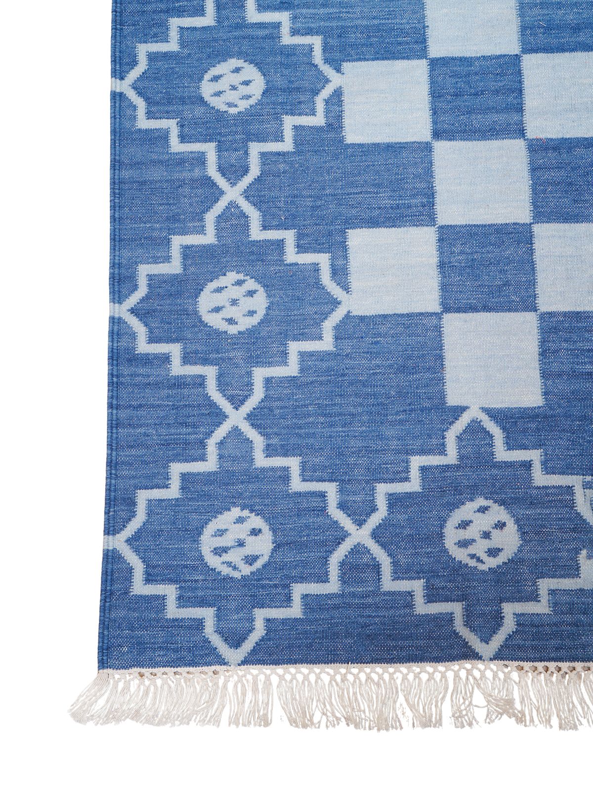 Checkered borderline Flatweave rug-Blue close-up showing the cotton weave and geometric motif