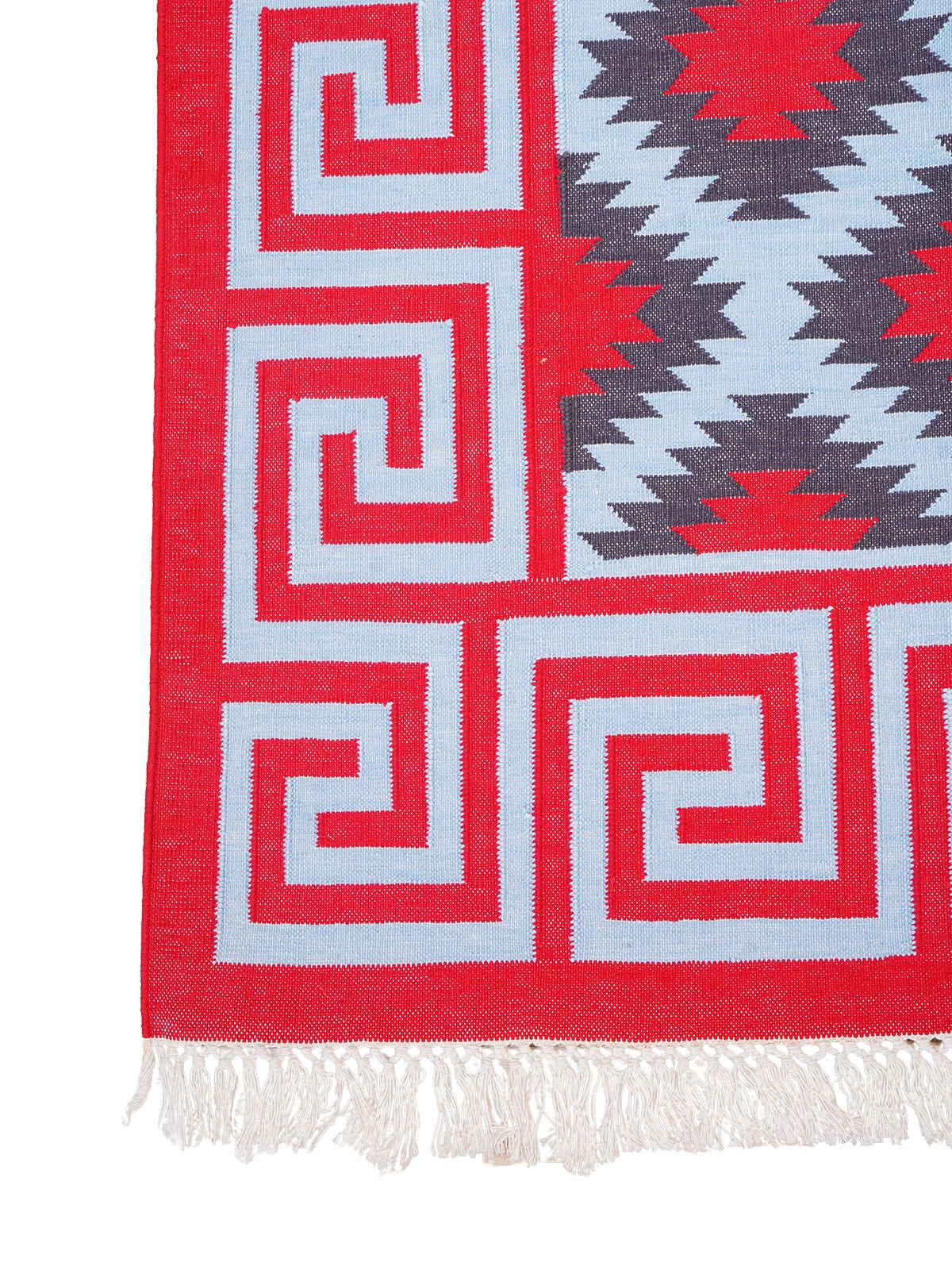 Cherry hellenic Flatweave rug cotton rug styled in a living room interior