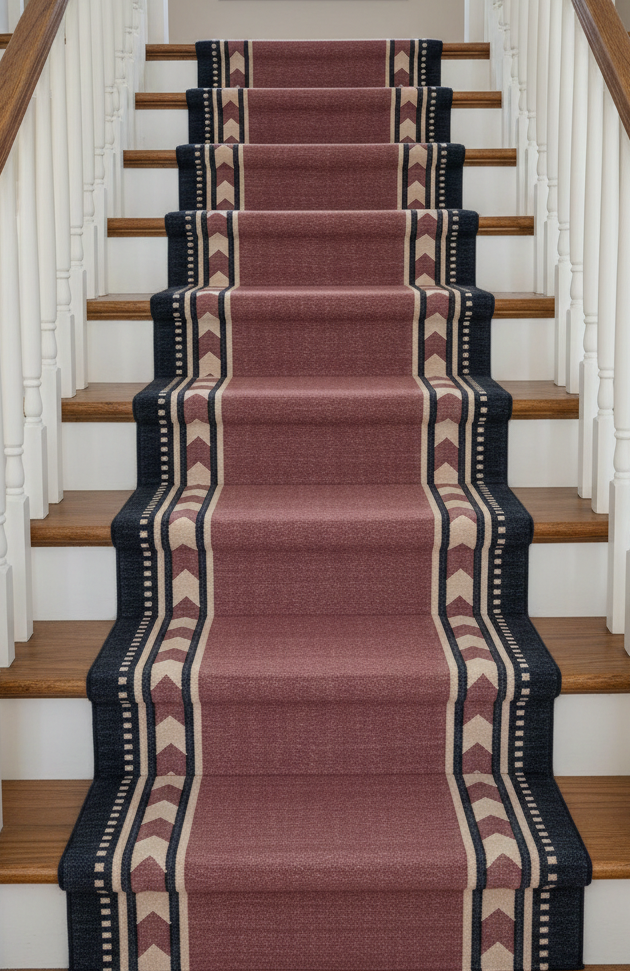 Cherry Moor Runner wool stair runner styled on a staircase in a designed interior