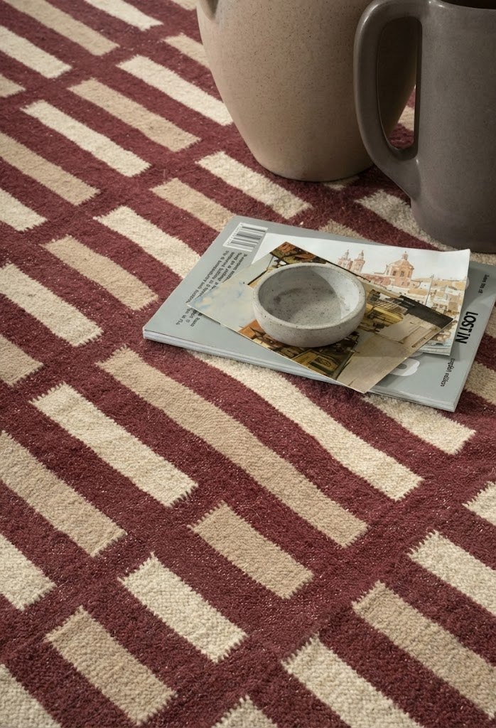 Cobblestone Path Wool Rug-Burgundy wool rug styled in a living room interior with timber and linen
