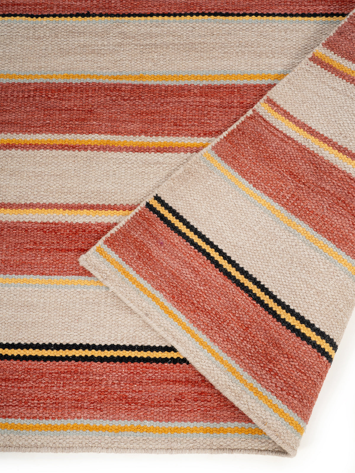 Desert Sunset Stripe Wool Flatweave detail of the striped wool surface and edge finishing