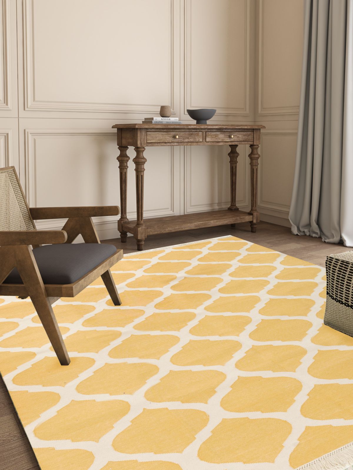 Dream Ogee Rug-Yellow close-up showing the wool weave and geometric motif