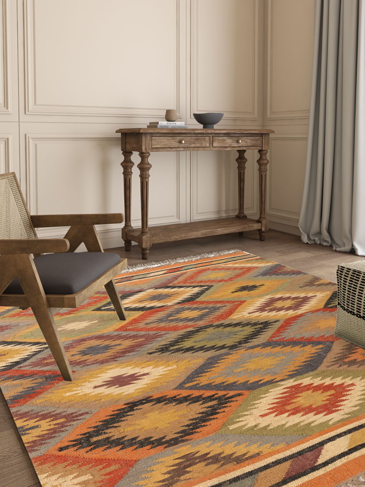 Eclectic Essence Kilim Rug cotton rug styled in a living room interior