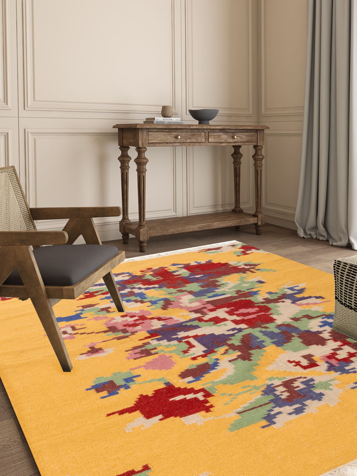 Floral Fiesta Tapestry Rug wool rug styled in a living room interior