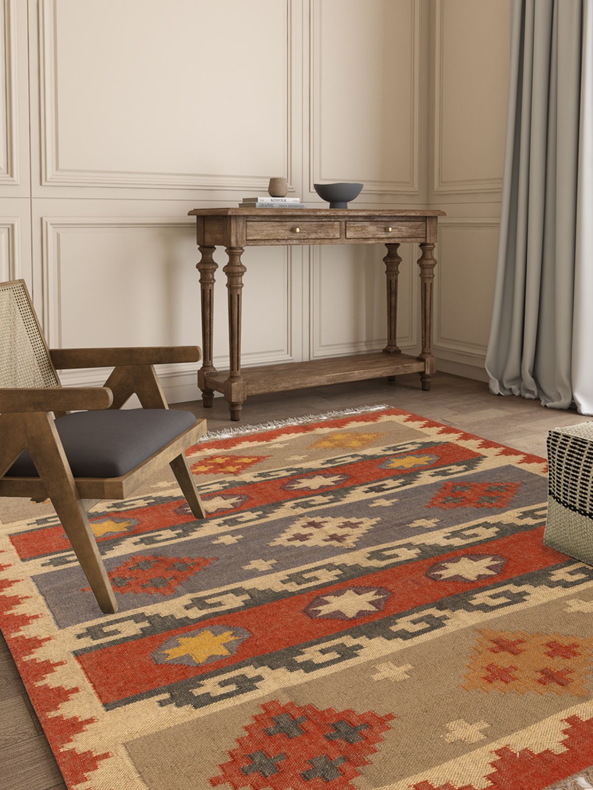 Garnet Glow Kilim Rug cotton rug styled in a living room interior