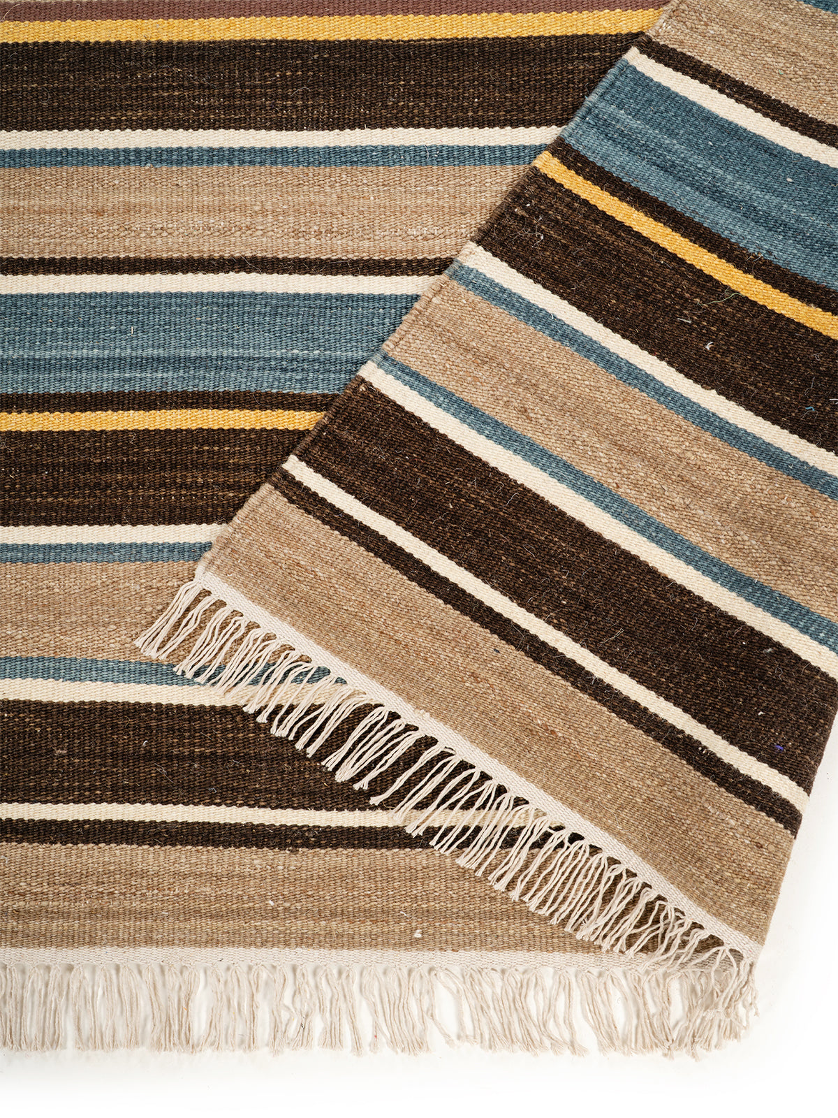 Global Stripe Wool Kilim Rug detail of the striped wool surface and edge finishing