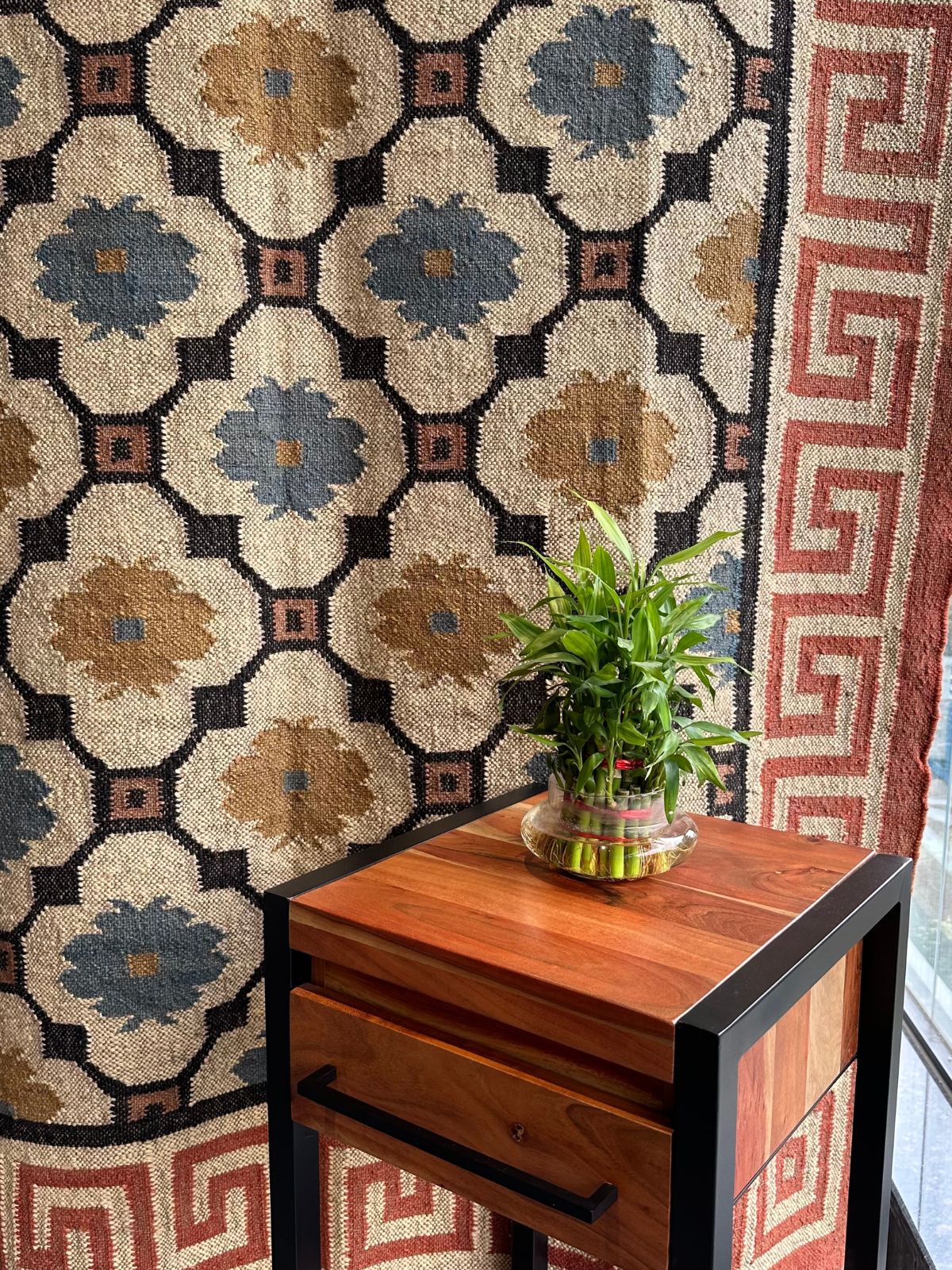 Grecian Beige Blossom cotton rug styled in a living room interior