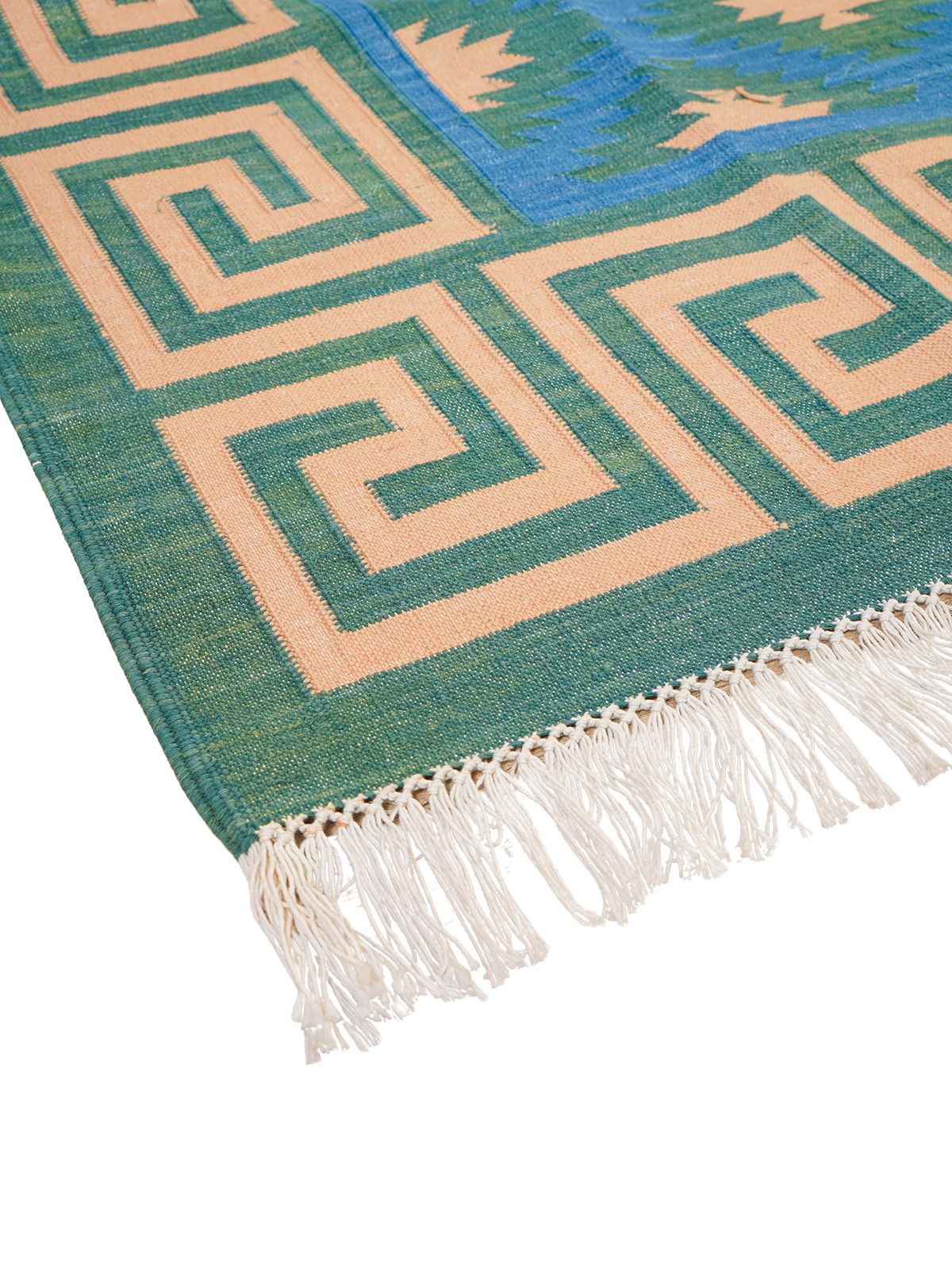 Green hellenic Flatweave rug close-up showing the cotton weave and striped pattern