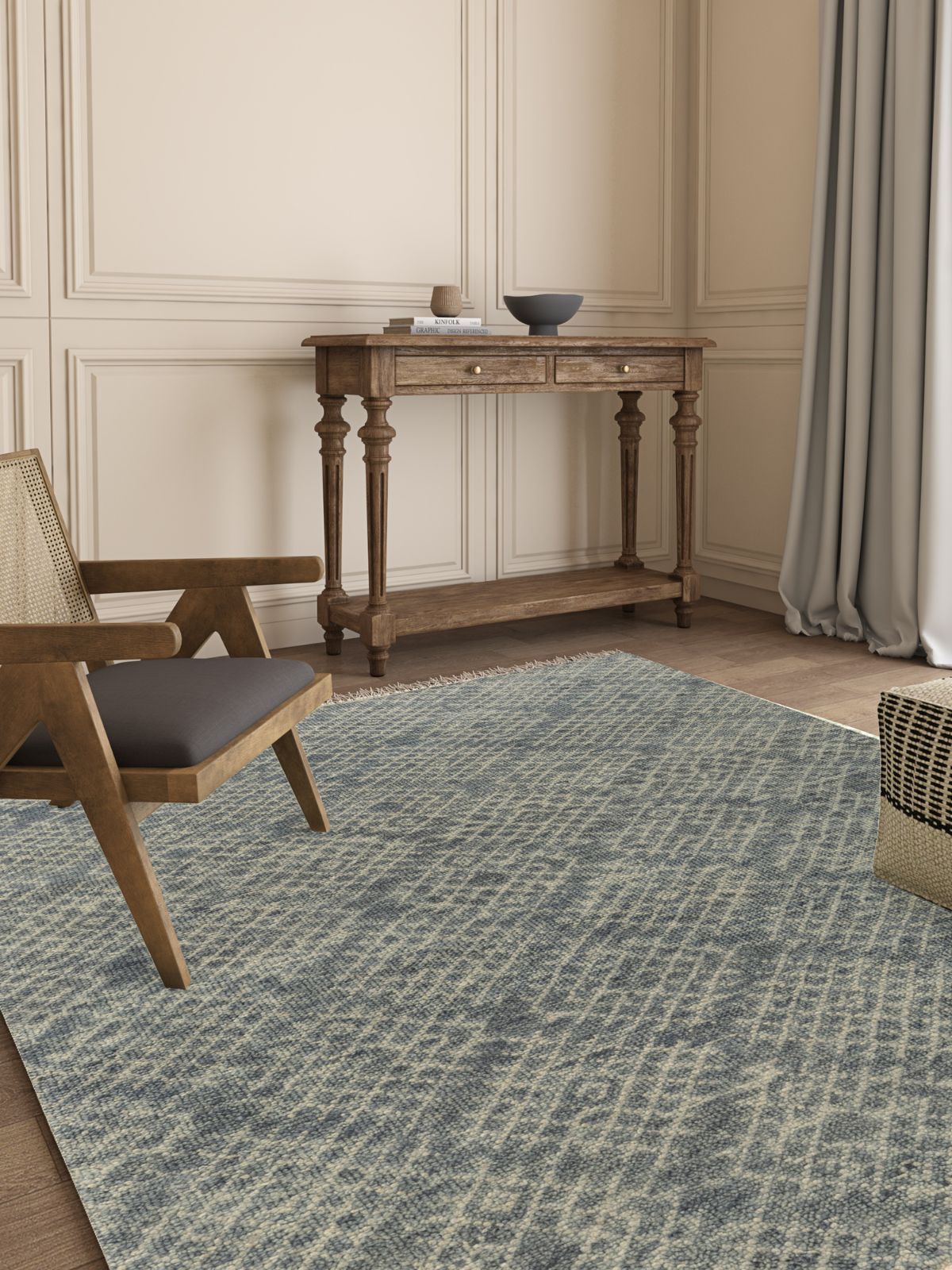 Grey Mystique wool rug styled in a living room interior