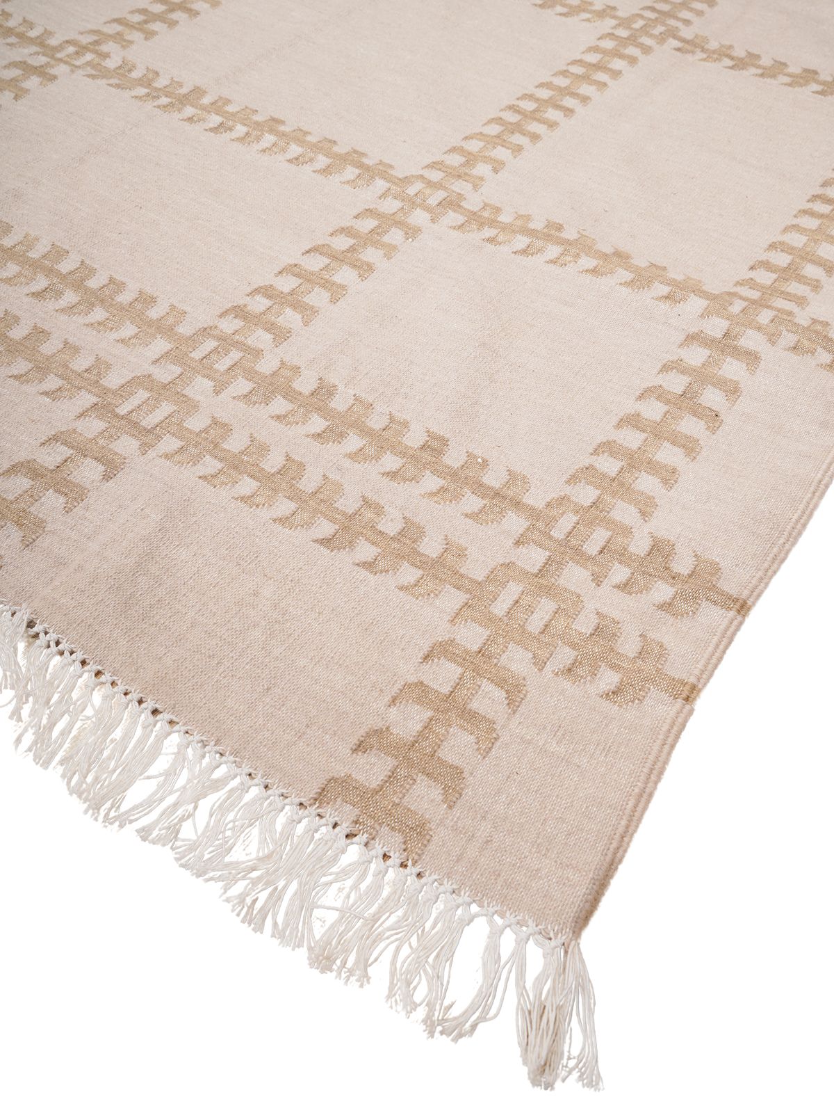 Gridline Flatweave Rug-Beige close-up showing the cotton weave and geometric motif
