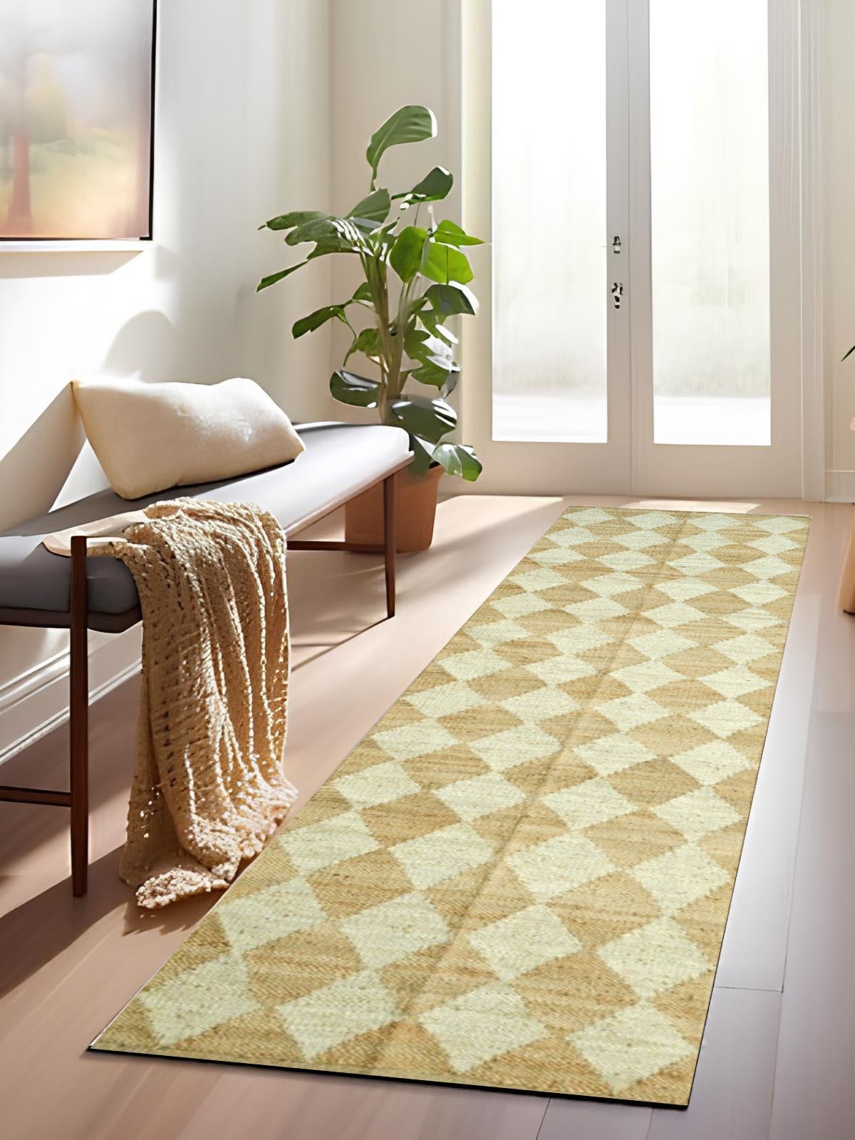 Hampton Harlequin Handwoven Hemp Runner hemp stair runner styled on a staircase in a designed interior