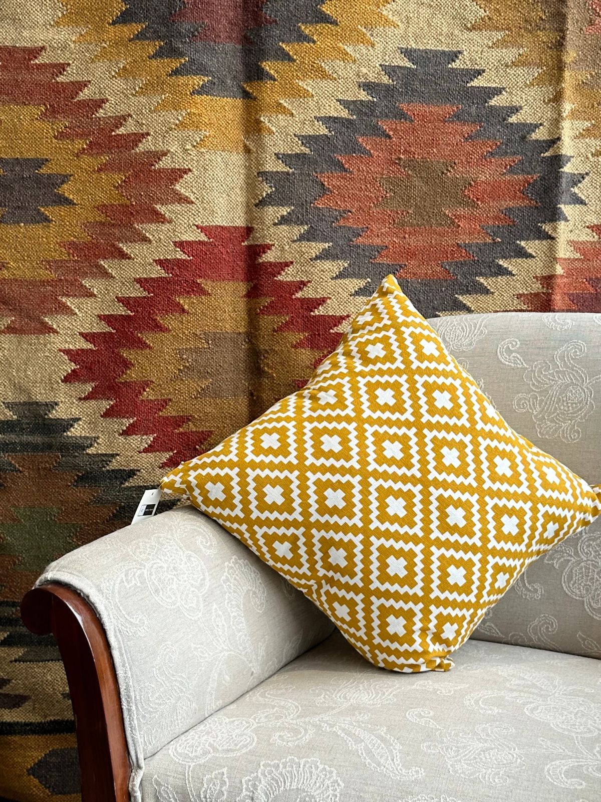 Harmony Hues Kilim Rug close-up showing the cotton weave and geometric motif
