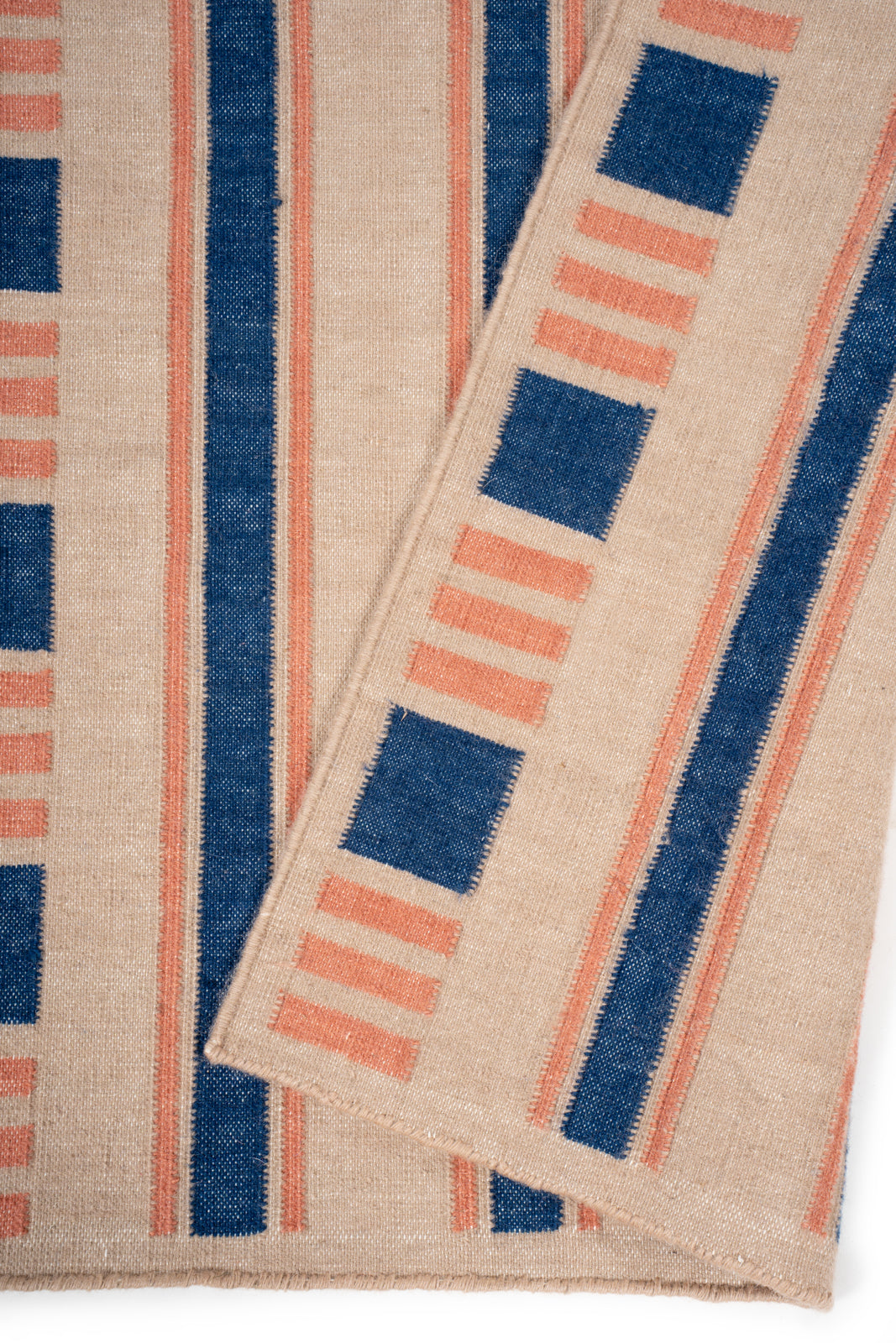 Indigo Stripes Wool Runner detail showing edge binding and wool finishing of the runner