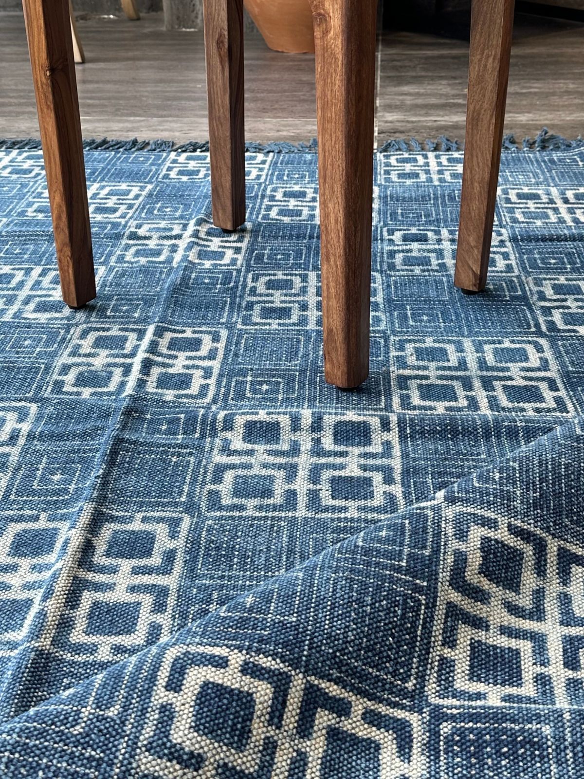Indigo Symphony cotton flatweave Rug close-up showing the cotton weave and striped pattern