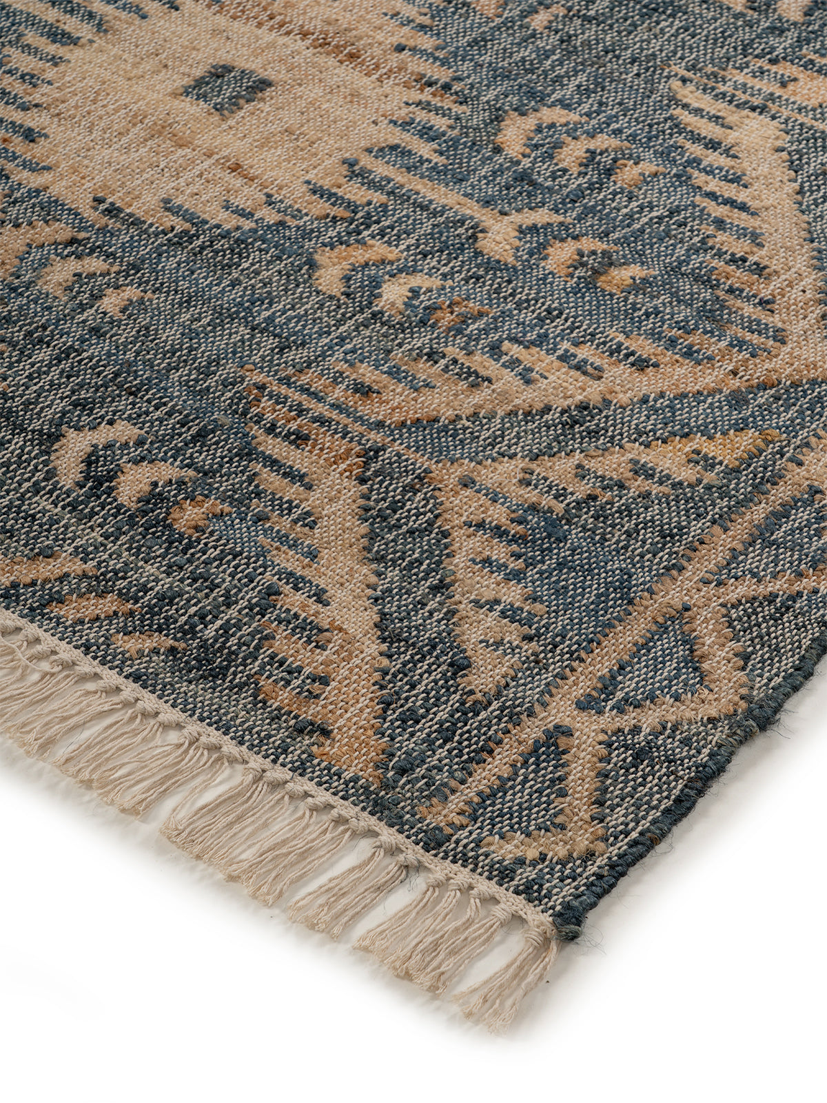Indigo Tribal Diamond Jute Rug close-up showing the jute weave and geometric motif