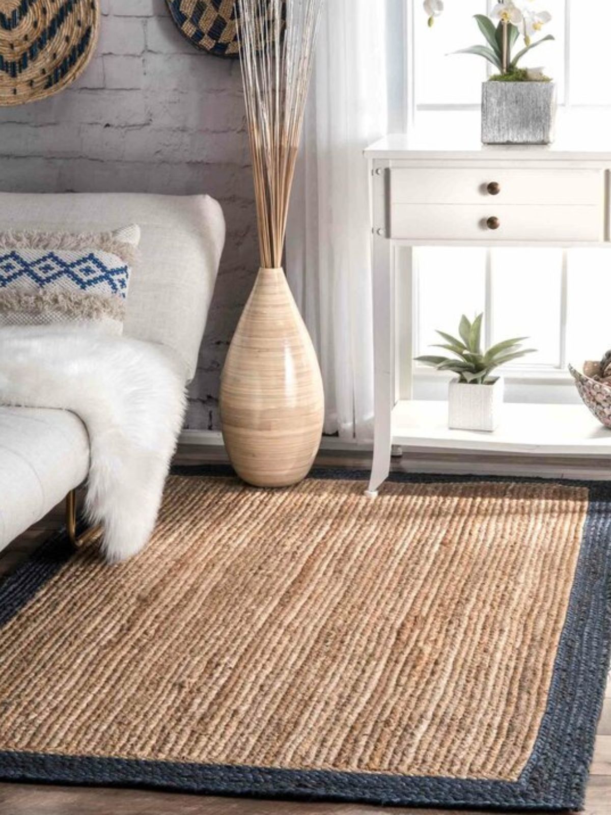 Juba jute bordered area rug-Persian jute rug styled in a living room interior