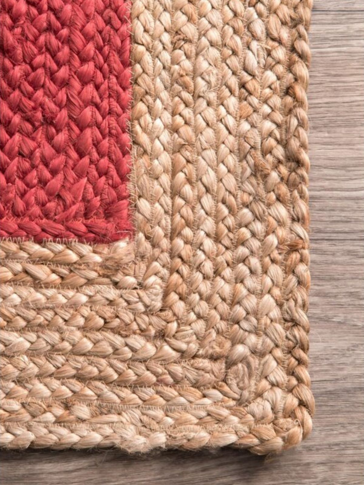 Juba jute bordered area runner-Red close-up showing the jute weave and stripes surface