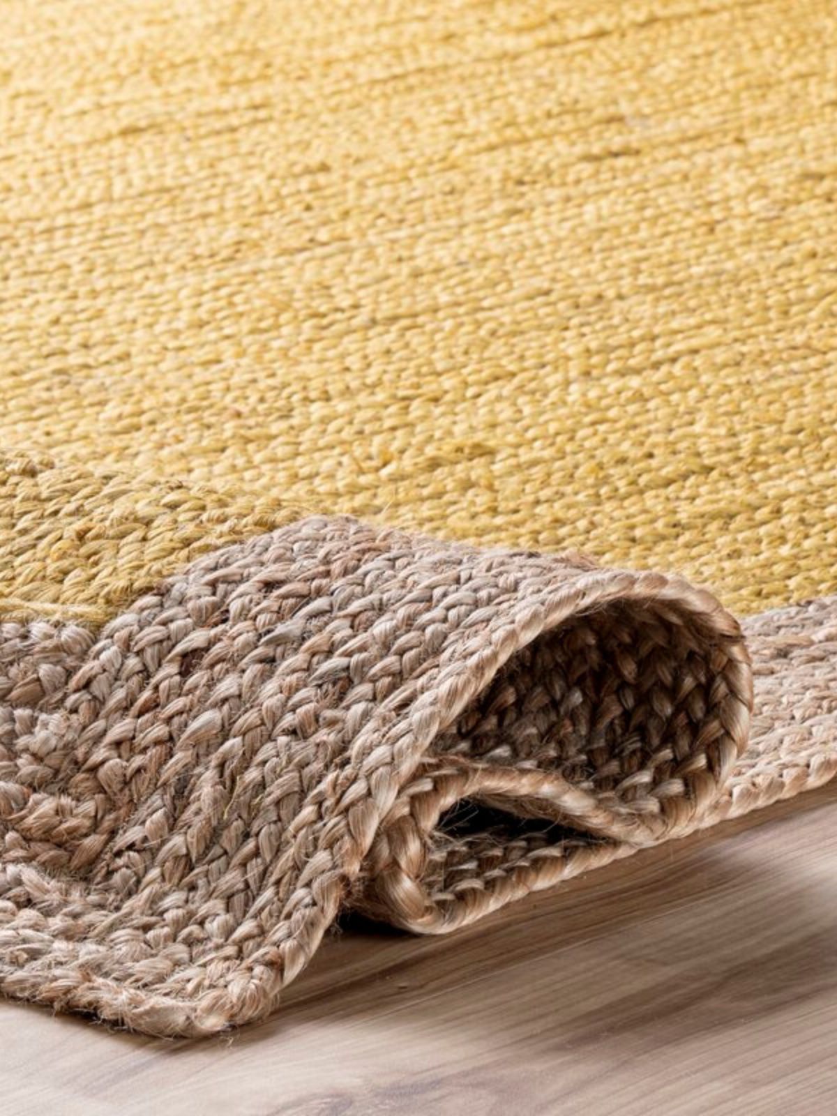 Juba jute bordered area runner-Yellow - edge detail showing jute finishing