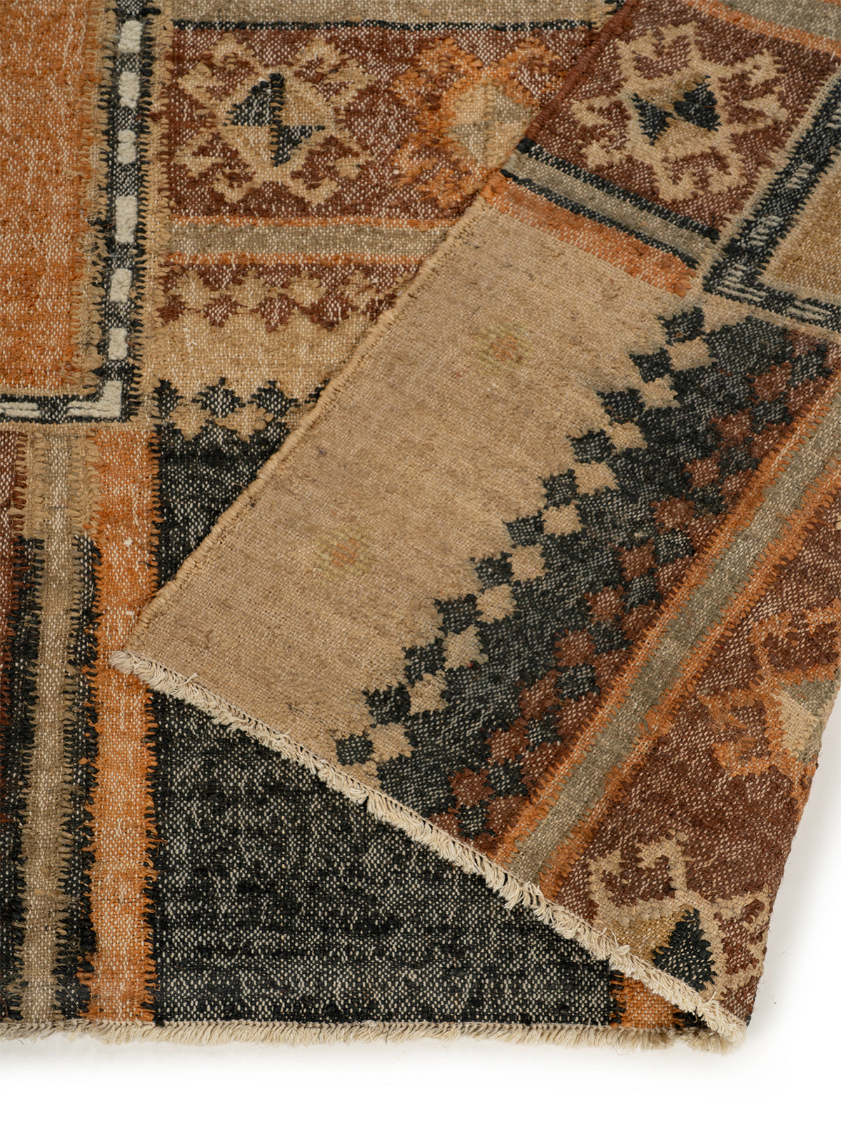 Kilim Patchwork Block Rug detail of the geometric pattern in jute