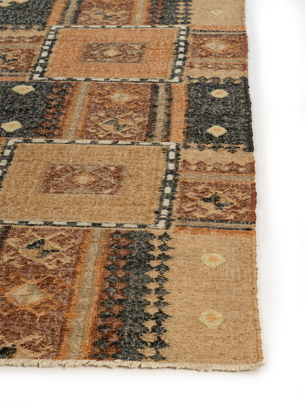 Kilim Patchwork Block Rug jute rug styled in a living room interior