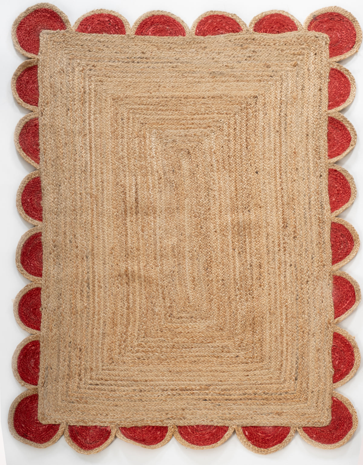 Kribi scalloped jute area rug-Cherry red jute rug in red tones