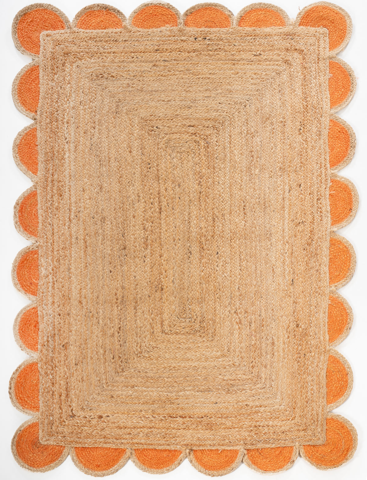 Kribi scalloped jute area rug-Orange jute rug in orange tones