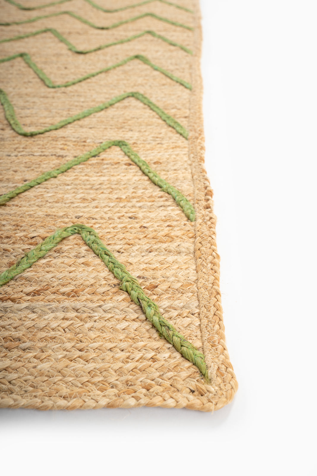 Lagos zig zag braided area rug-Green close-up showing the jute weave and geometric motif