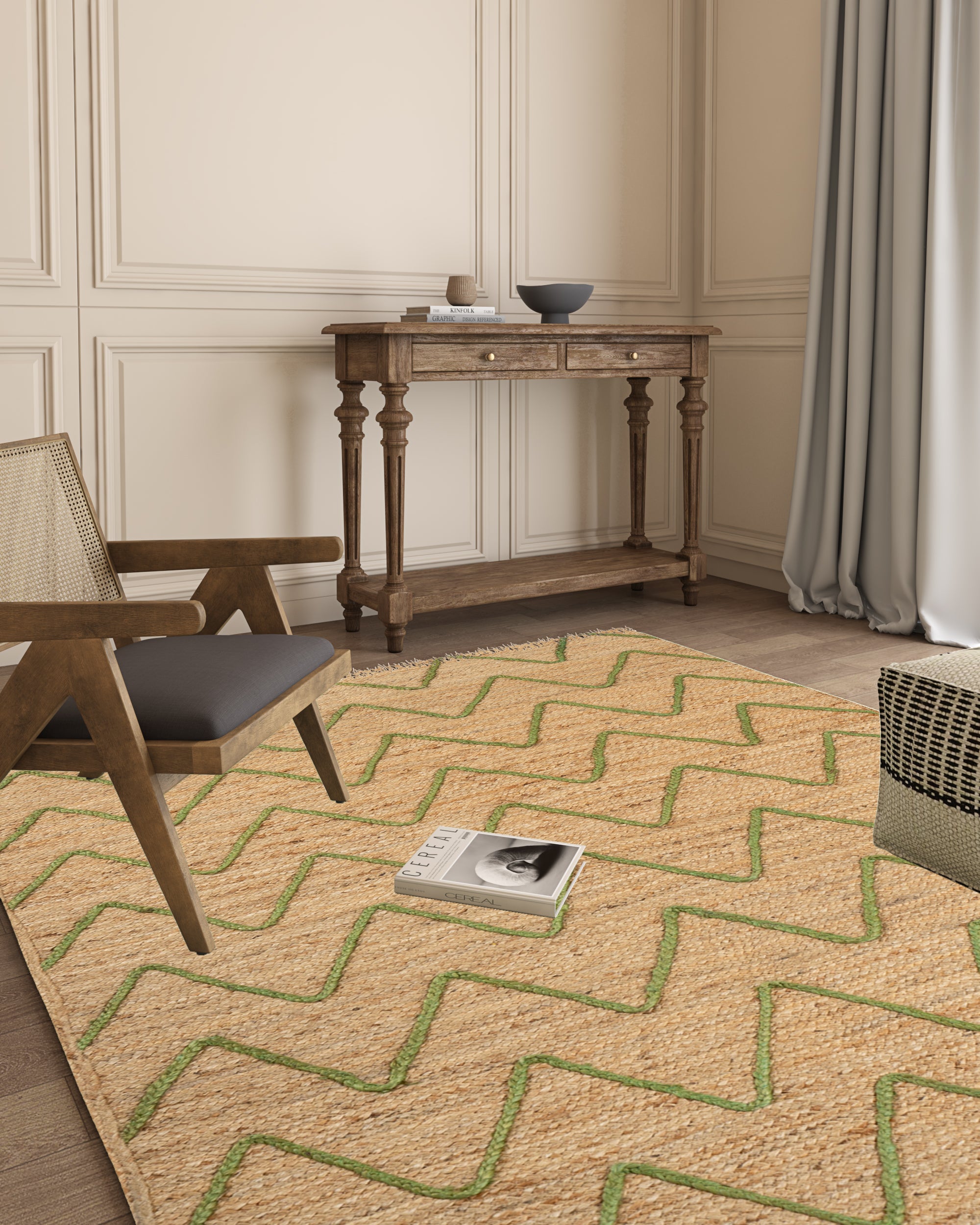 Lagos zig zag braided area rug-Green jute rug styled in a living room interior