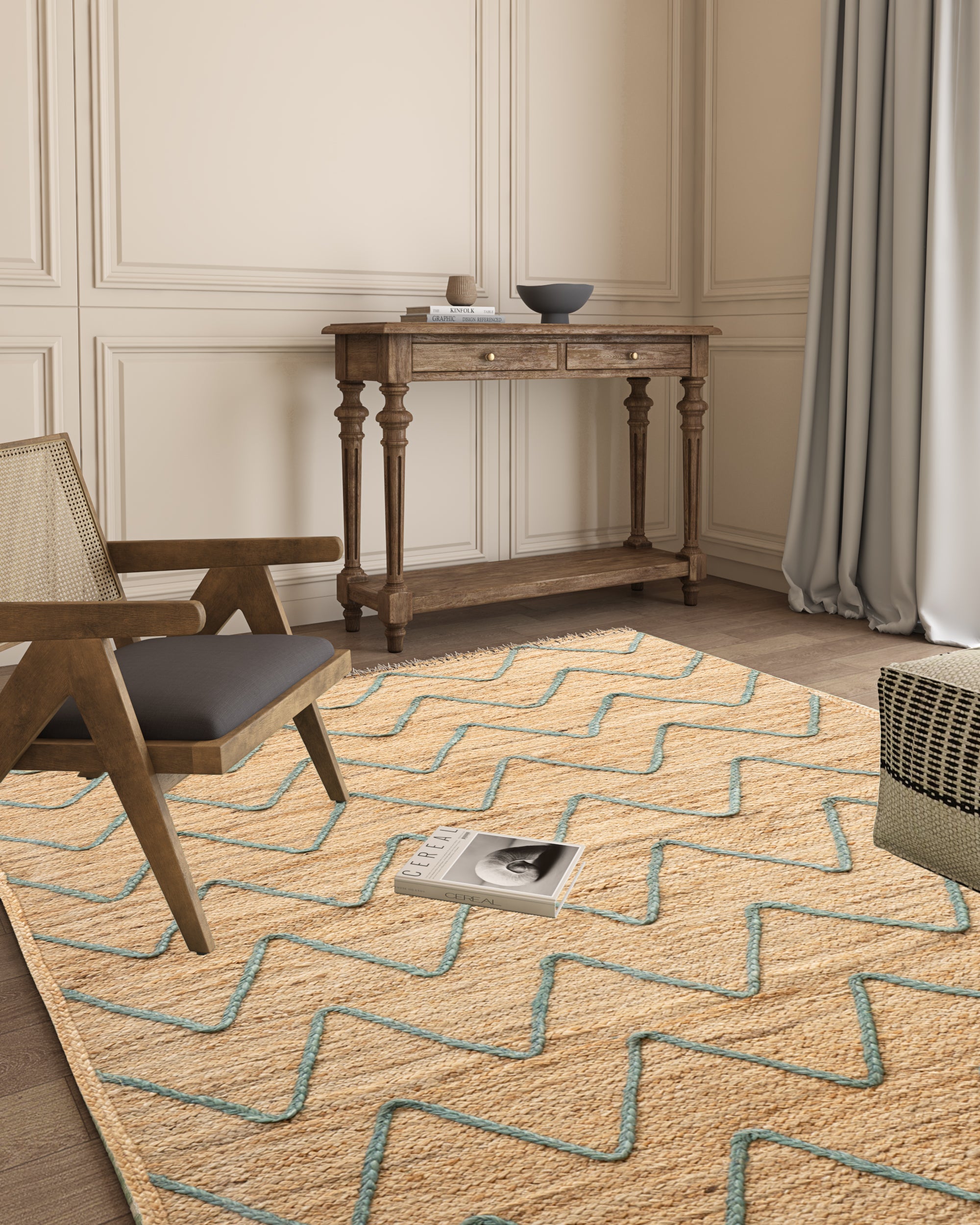 Lagos zig zag braided area rug-Teal jute rug styled in a living room interior