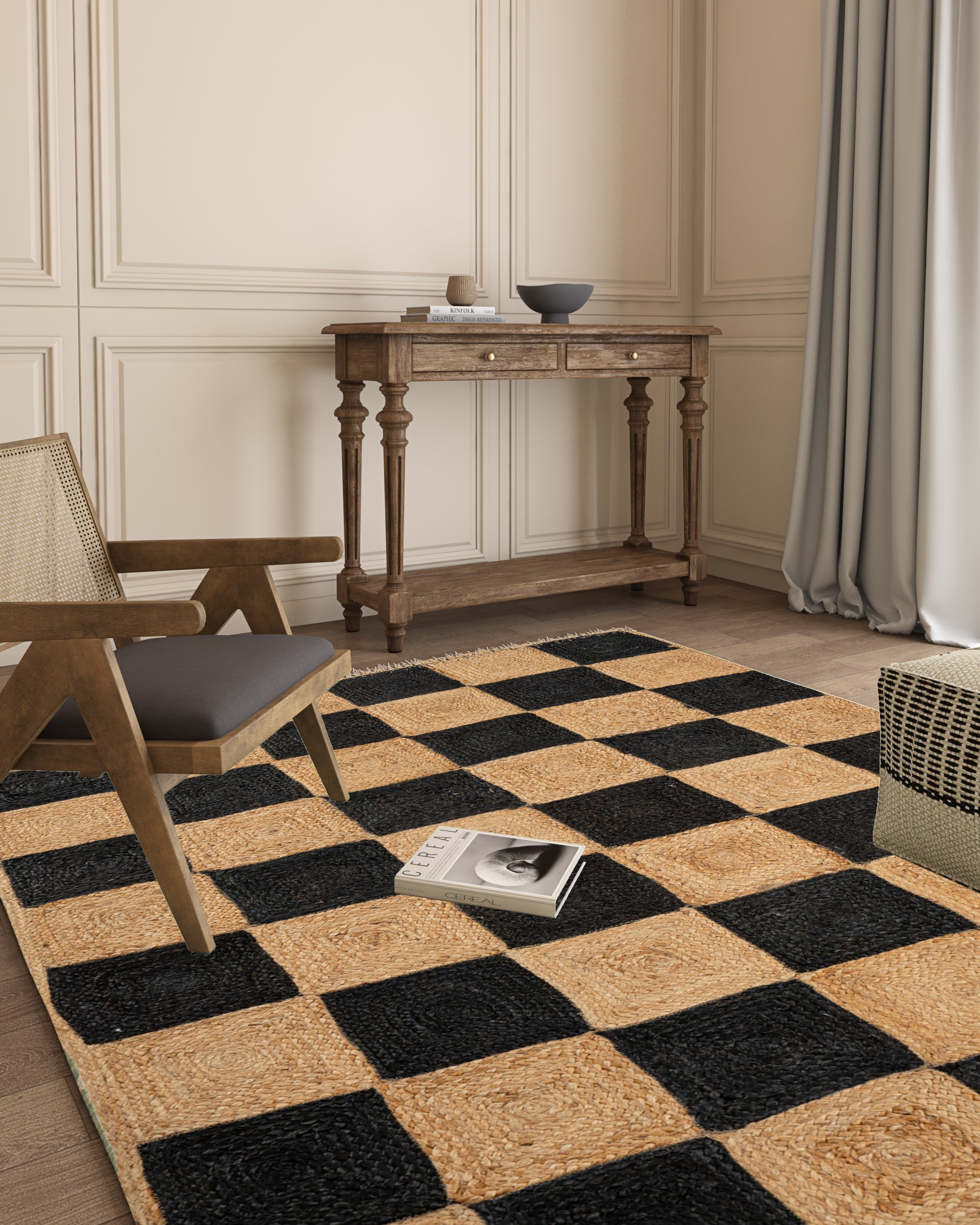 Lincoln checkered jute rug-Black jute rug styled in a living room interior
