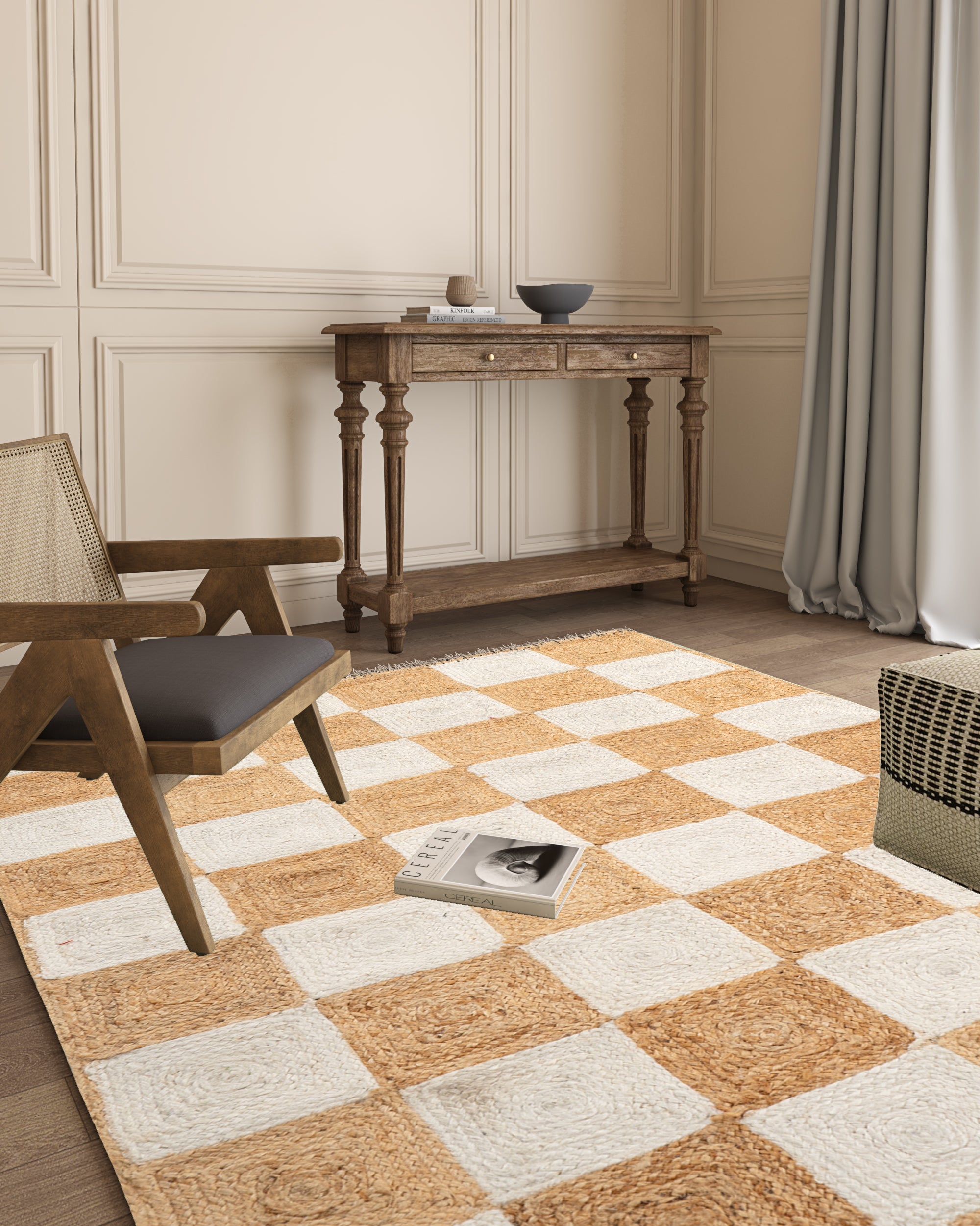 Lincoln checkered jute rug-White jute rug styled in a living room interior