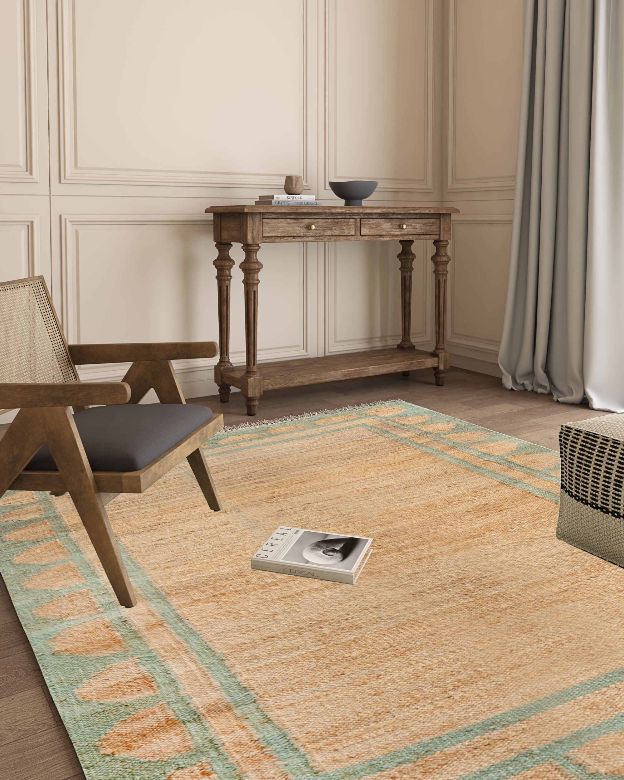 Lira scalloped hemp rug-Green hemp rug styled in a living room interior