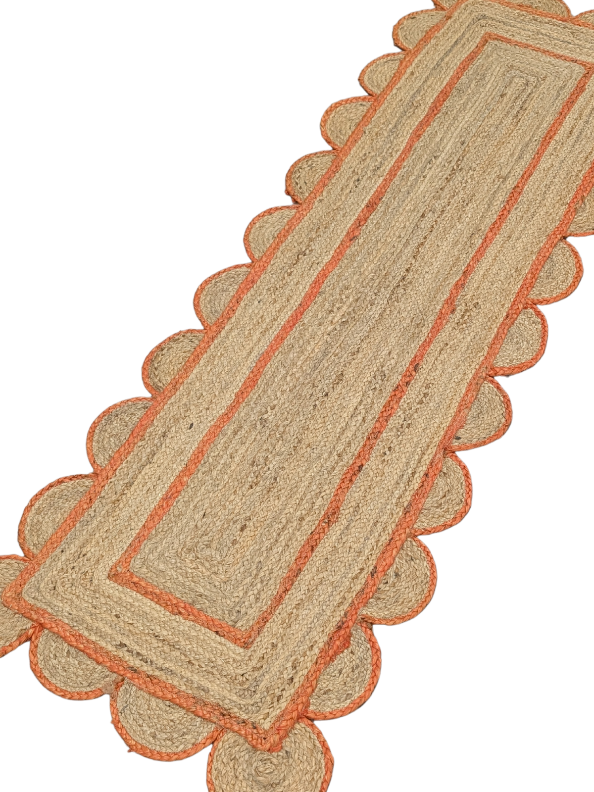 Loko scalloped runner-Orange cotton stair runner styled on a staircase in a designed interior