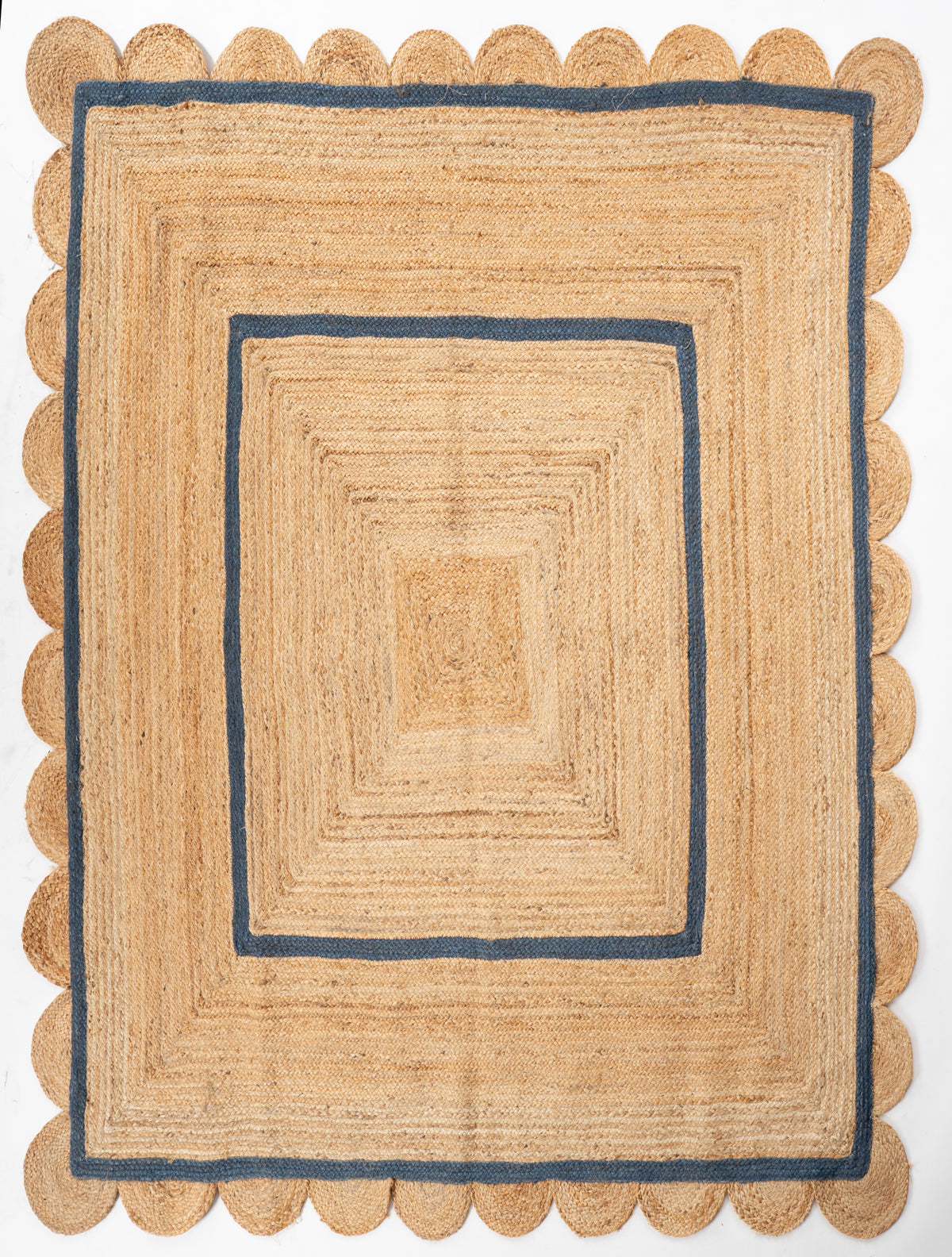 Loko scalloped square jute rug-Navy jute rug in blue tones